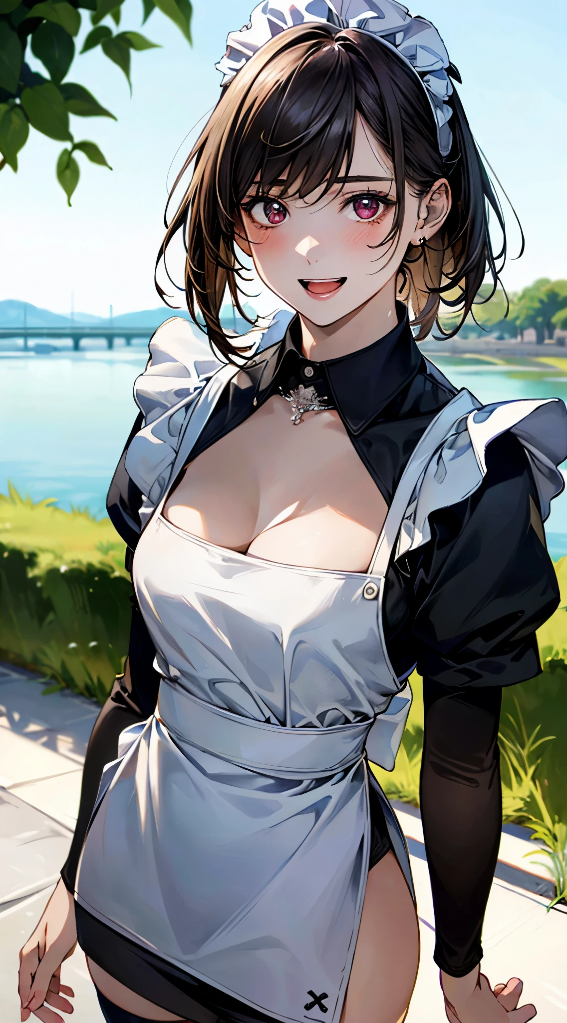 (masterpiece:1.3, top-quality), ultra high res, ultra detailed, (realistic, photorealistic:1.4), beautiful illustration, perfect lighting, colorful, depth of fields, , 
looking at viewer, (face focus, upper body), 1 girl, solo, hight school girl, 14 years old, (large breasts:0.8, large ass, seductive thighs, skindentation),
, shiny skin, 
beautiful hair, beautiful face, extremely detailed face, beautiful detailed eyes, beautiful clavicle, beautiful body, beautiful chest, beautiful thigh, beautiful legs, beautiful fingers, 
(beautiful scenery), daytime, (outdoors),
((detailed cloth texture, miniskirt maid, maid head dress, thigh-highs)), garnet necklace, 
,, (lovely smile, upper eyes, open mouth small), 