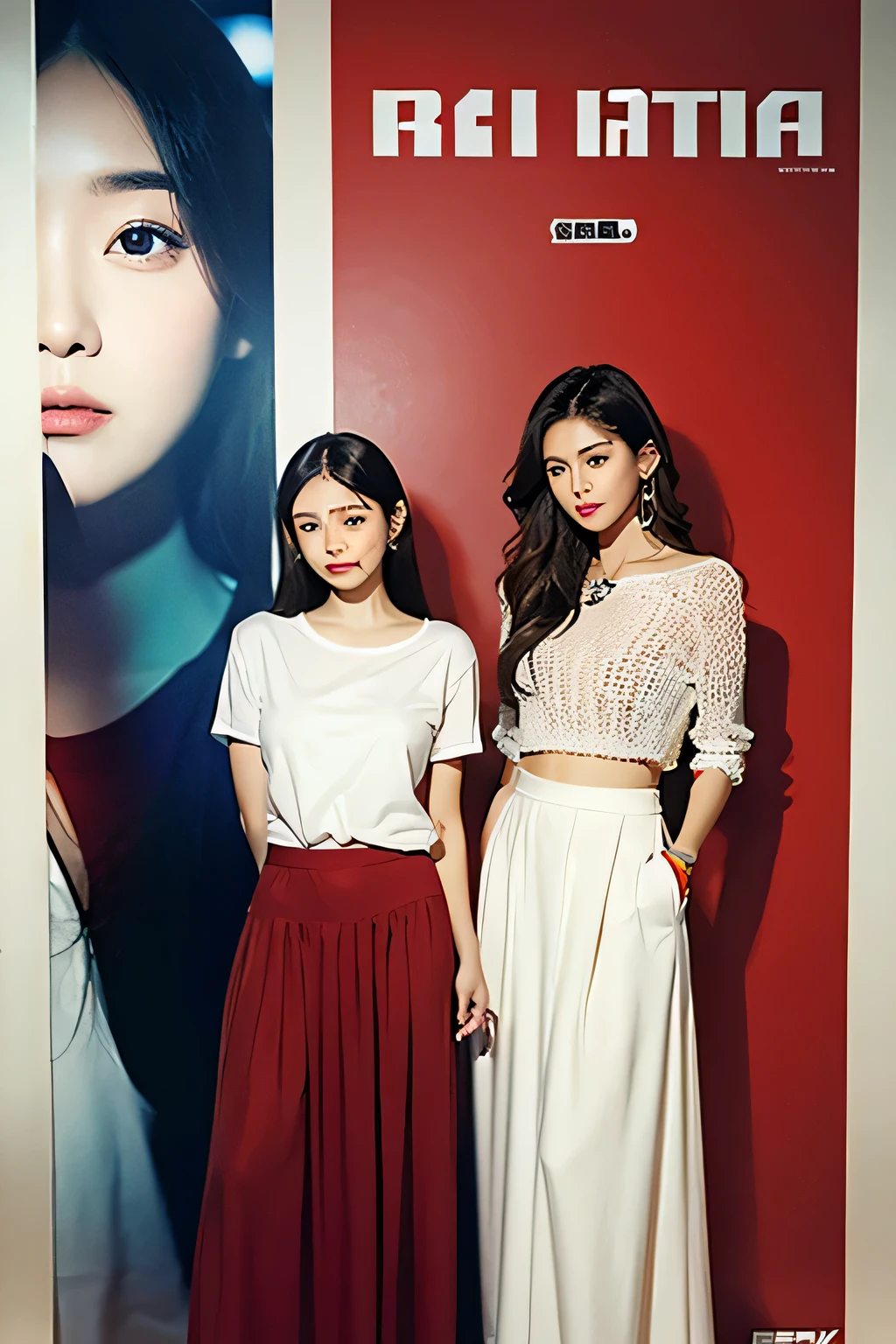 A movie poster poster with a man in casual wear on the right and a woman in casual wear in the middle,long skirt