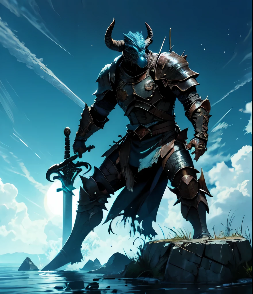Dragonborn warrior in bulky stone armor and steel mask wielding a black great sword