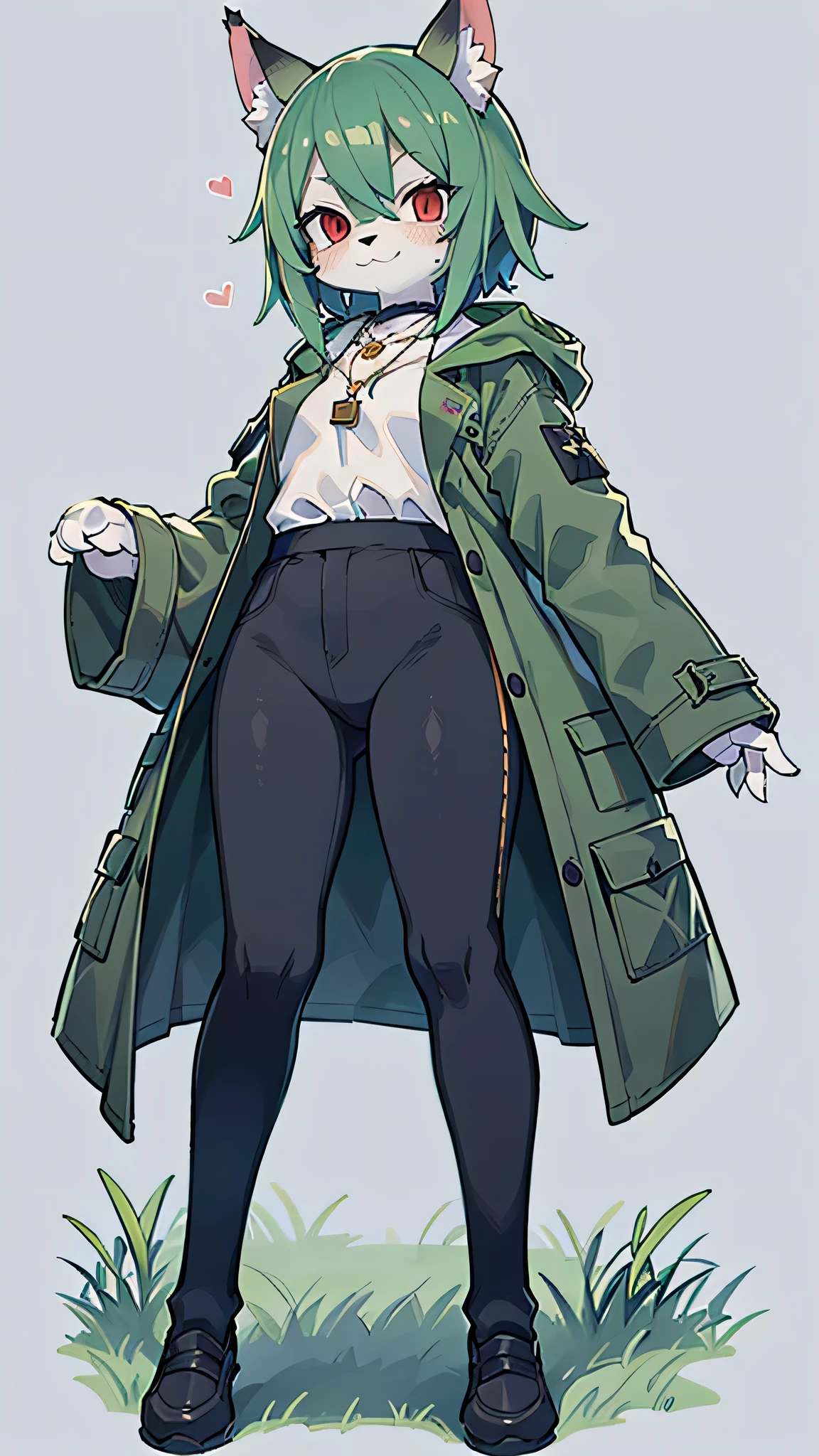 (masterpiece, highest quality), intricate details, 8k, cat ears, whole body, one man, red eyes, Normal body type, grassland, anime, expensive, Dark green hair, green coat and black pants, furry, in the middle, smile, Golden necklace, short hair, Are standing, white shirt, green cloak