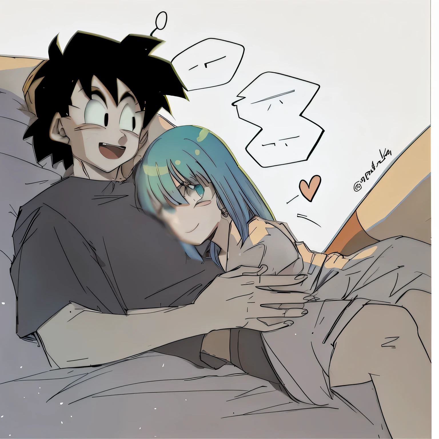 Casal de anime, garota deitada sobre o peito do rapaz na cama, olhos fechados sorrindo 