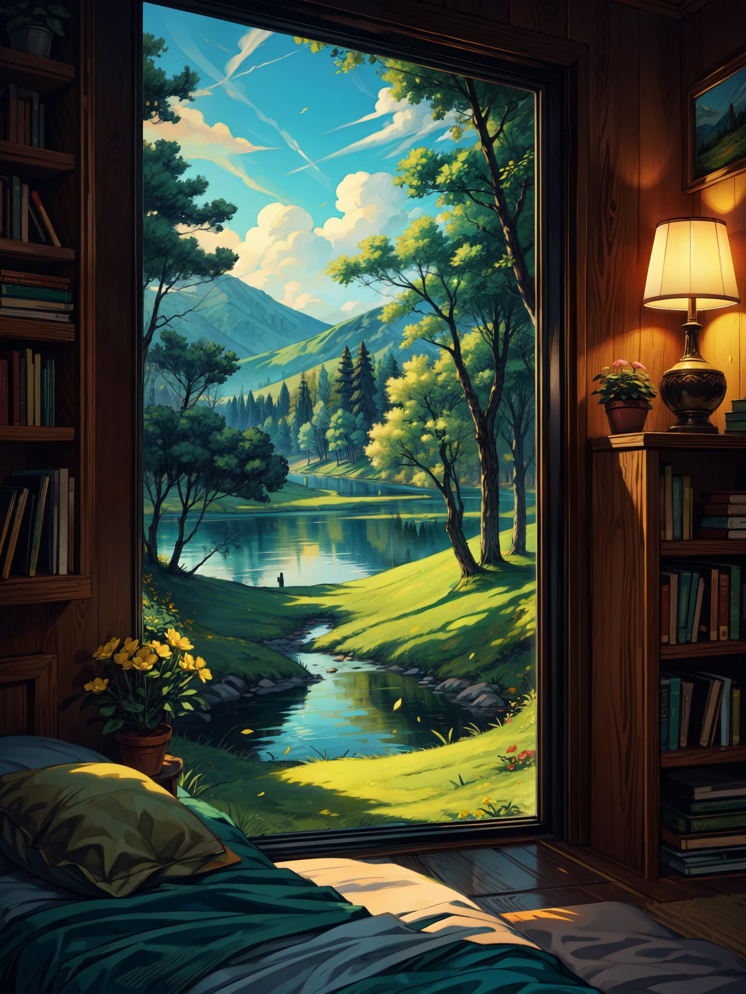 wide view, cozy room, lake visible from main door, plat pots with cactus, bright day light, bed, trees growing around lake, reflection, trees with yellow flowers, green bedsheet, green curtains, windy, glow on foliage, bright volumetric light, book shelf, flowers, vast wide sky, peaceful scene, light shining on part of foliage, micro landscape, intrinsic details