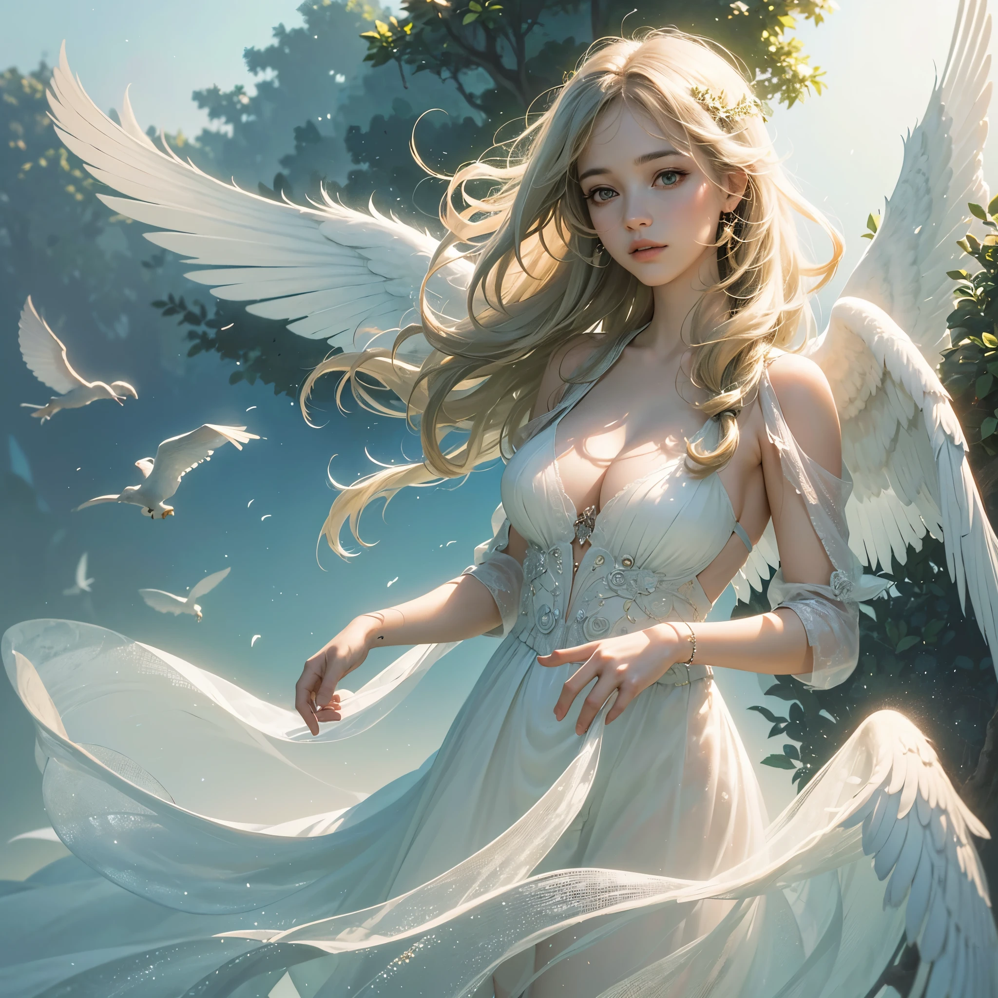 (best quality,4k,8k,highres,masterpiece:1.2),ultra-detailed,(realistic,photorealistic,photo-realistic:1.37),portraits,surrealism,monochrome tones,faint sunlight,soft shadows,youthful innocence,sparkling eyes,curly hair,dreamy atmosphere,whimsical garden,floating feathers,gentle breeze,fantasy elements,delicate features,pastel colors,magical moments,ethereal beauty,quiet contemplation,harmonious composition,subtle textures,imagination,serenity,wonderment,peaceful harmony,cat with wings,golden rays