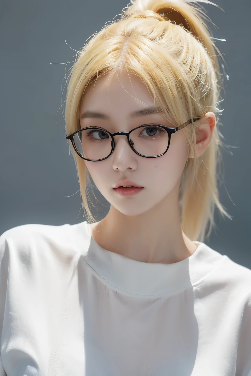 blonde hair dye, Yellow hair, an Asian, korean, glasses, 22 years old, female college student, ponytail, White skin, Approximation, very slightly plump, normal sized face, whole body, university, Blackclothes, whole body이 나오는, short hair, see through, red bridge head