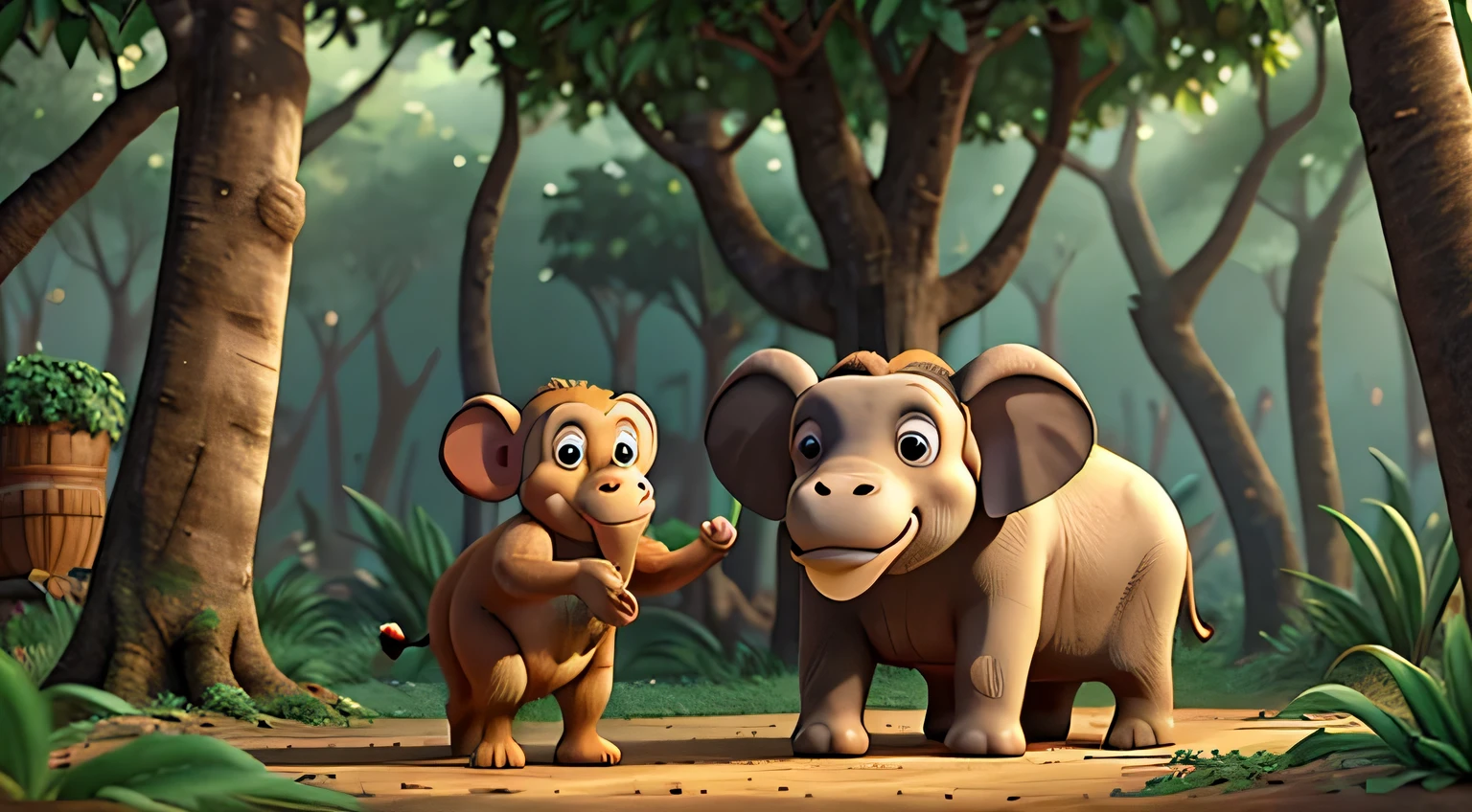 Illustrate Raju's interactions with various animals in the jungle, such as an elephant, a monkey, and a bird.