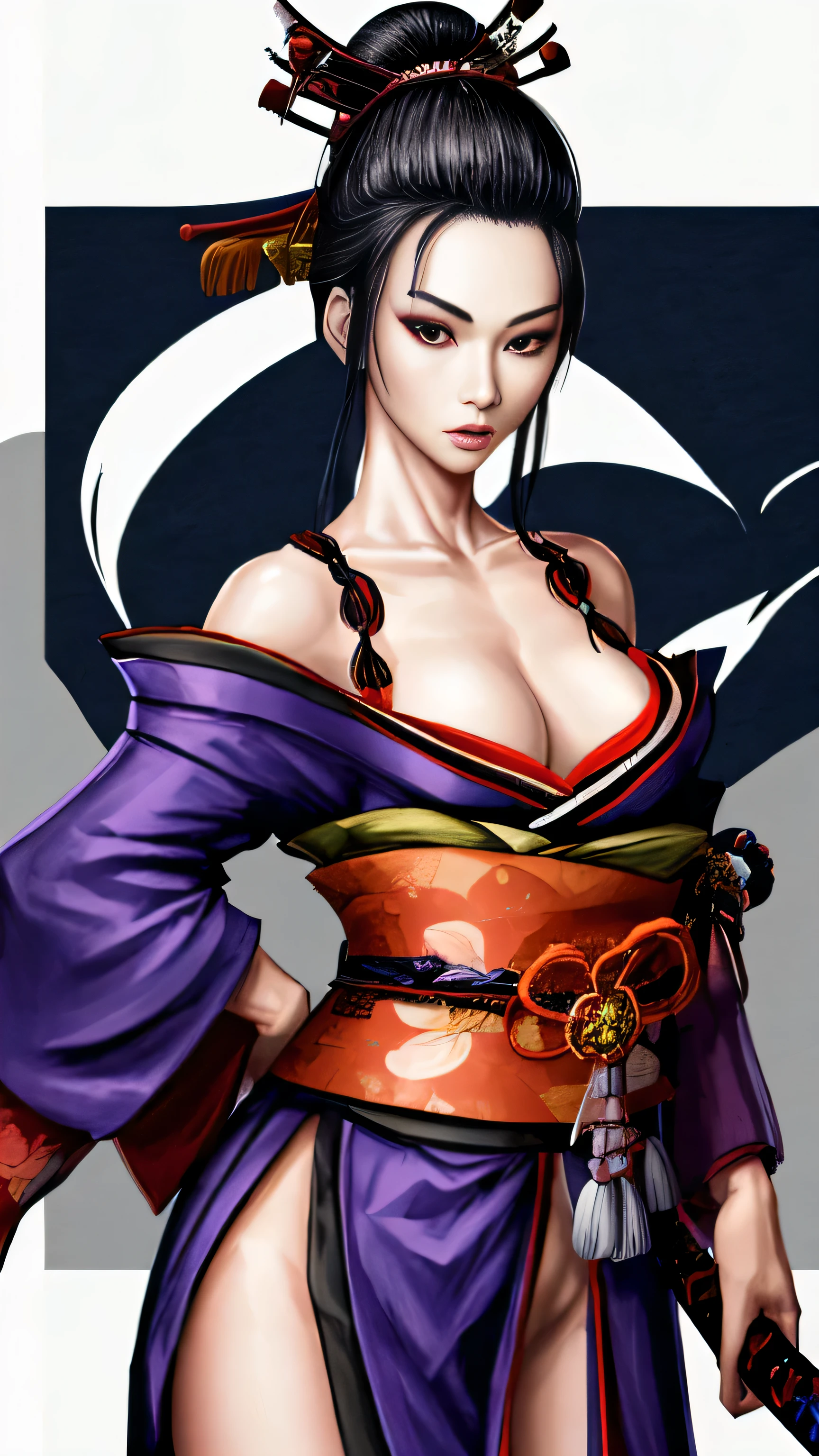 Mujer japonesa con katana, Samurai, tatuaje en el cuerpo, hermosa, rostro detallado, cuerpo completo, kimono sexy corto, ojos lindos