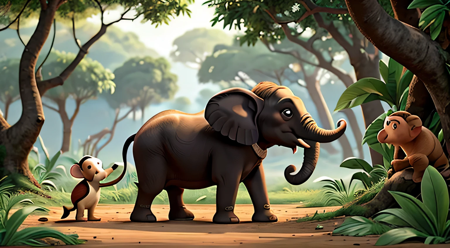 Illustrate Raju's interactions with various animals in the jungle, such as an elephant, a monkey, and a bird.
