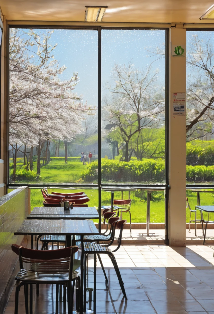 spring morning, cafeteria, luz solar, obra de arte, Perfect composition, Melhor qualidade, ultra-detalhado, detalhes intrincados, profissional, arte oficial, Trabalho representativo