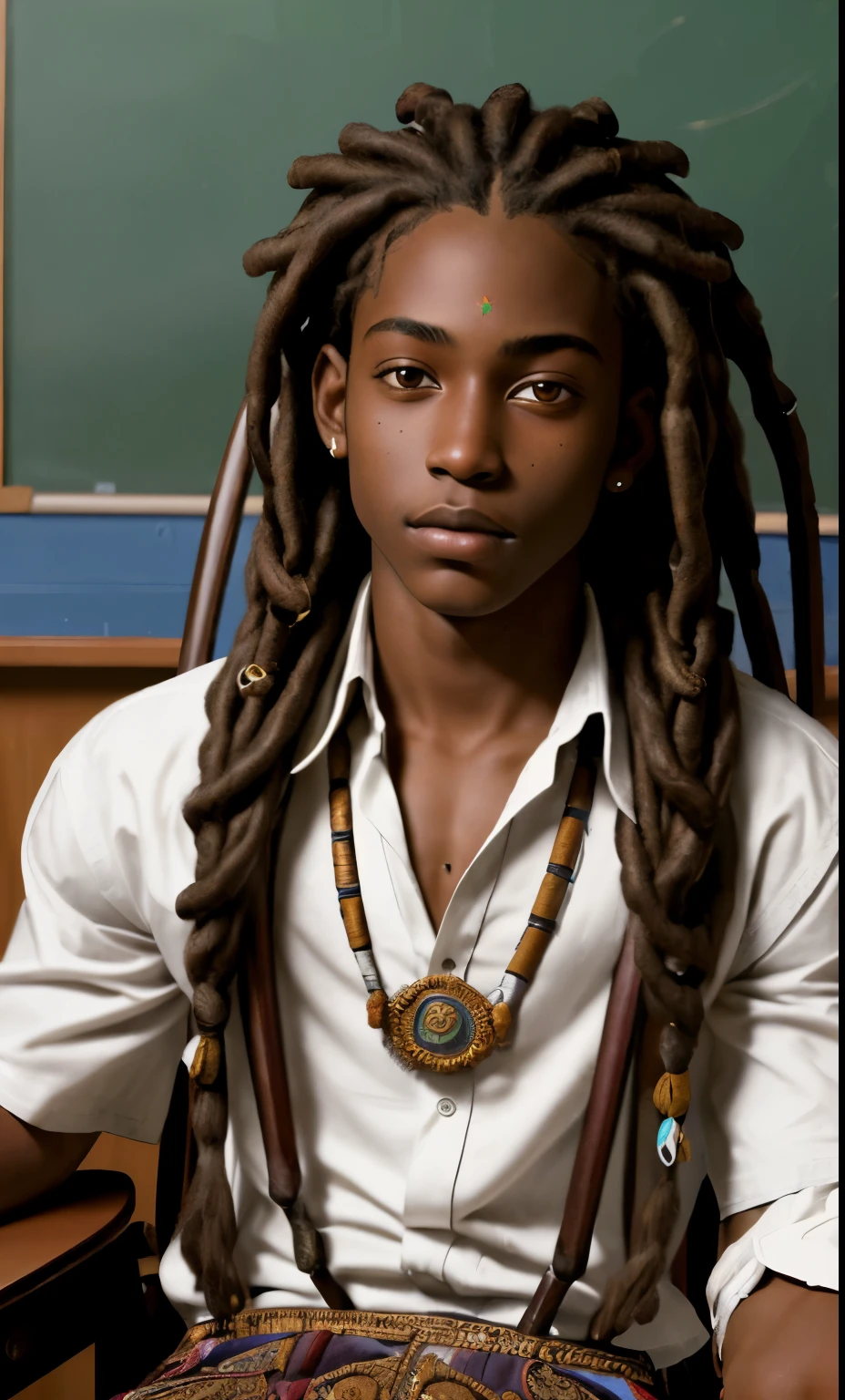 (masterpiece), (extremely intricate:1.3), (realistic), portrait of a boy, dark skinned, with dreads in a school sitting on his chair 