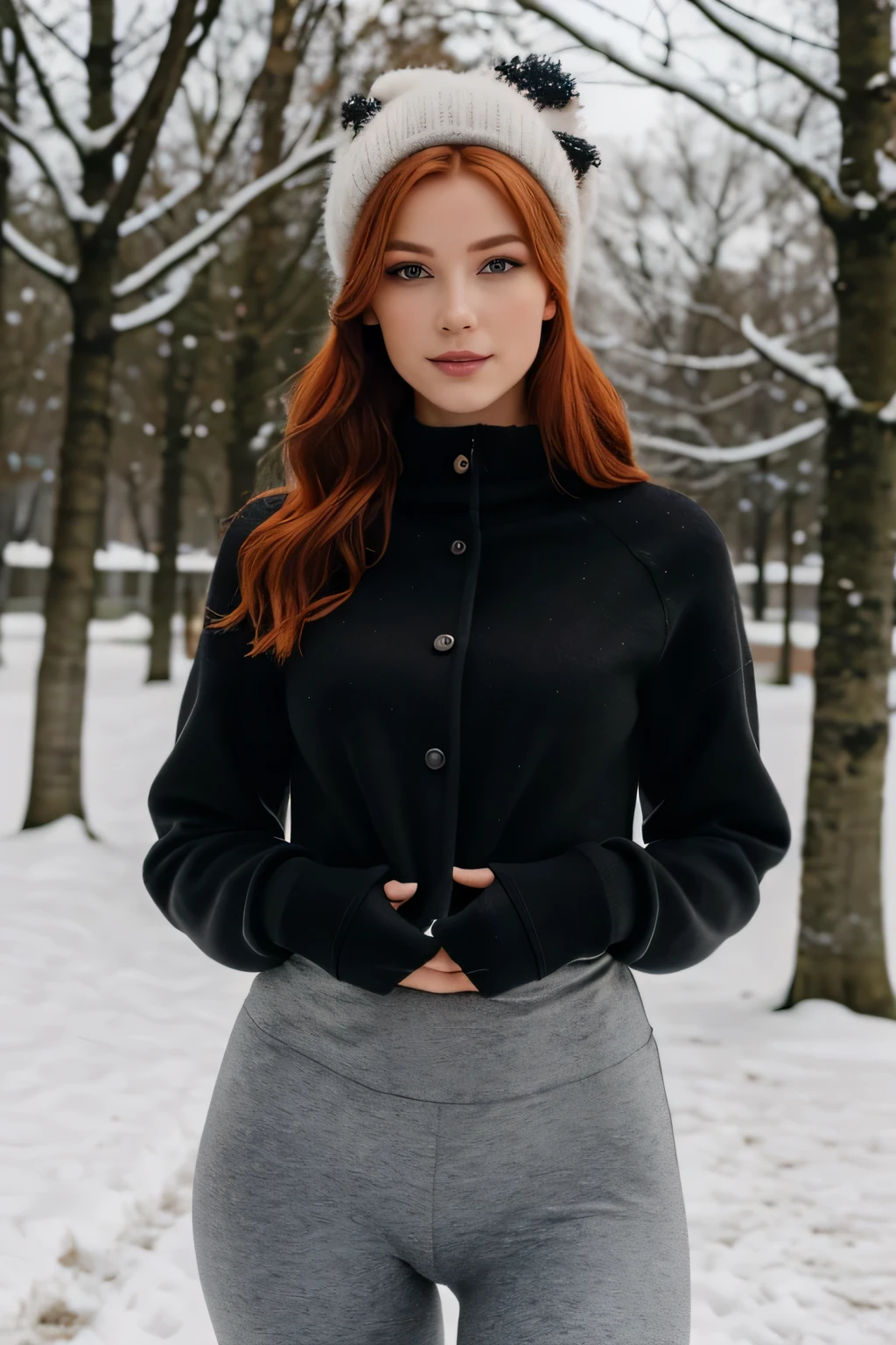 1 fille dans, 19 ans, seulement, Aesthetic work, rousse irlandaise, wavy red hair, cheveux roux mi-longs, yeux gris, yeux gris clair, quelques petites taches de rousseur, pale skin, Une tasse, gros seins, E cup, giant tits,m naturels, bonnet e, corps des coureurs, (textured skin, pores de la peau:1.1), (taupes:0.8), peau imparfaite, chair de poule, dehors dans le parc de la ville, Chemin de pierre, Neige, end of year weather&#39;automne, (Fond d&#39;extremely detailed 8k screen), soft lighting, high quality, grain de film, Mise au point nette du Fujifilm XT3, f5.6, 50mm, high detail, sharpness,(natural light), (veste d&#39;hiver noire: 1.3), pull-over, leggings, crazy details, intricate details, super detailed, porter leggings de sport bleu