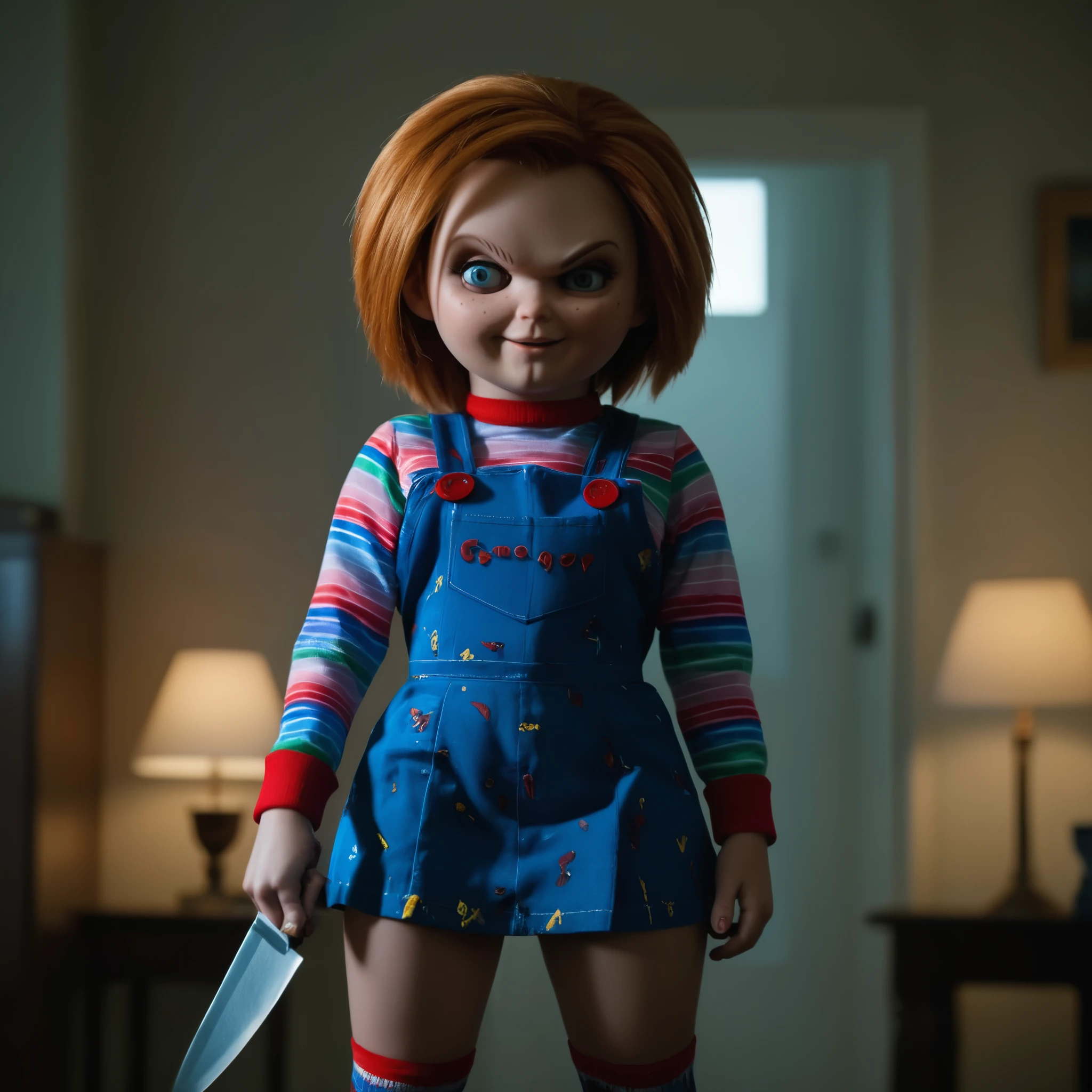 cinematic film still of  Chucky, Female "Chucky" Ray,antagonist,Horror,serial killer,doll,animatronic,a big breasts woman in a short dress holding a knife,1girl,solo,breasts,looking at viewer,smile,short hair,blue eyes,skirt,shirt,thighhighs,holding,jewelry,earrings,choker,striped,orange hair,grin,blood,scar,knife,genderswap,genderswap (mtf),freckles,striped shirt,off-shoulder shirt,overalls,red thighhighs,stitches,zombie,stitched face, shallow depth of field, vignette, highly detailed, high budget, bokeh, cinemascope, moody, epic, gorgeous, film grain, grainy