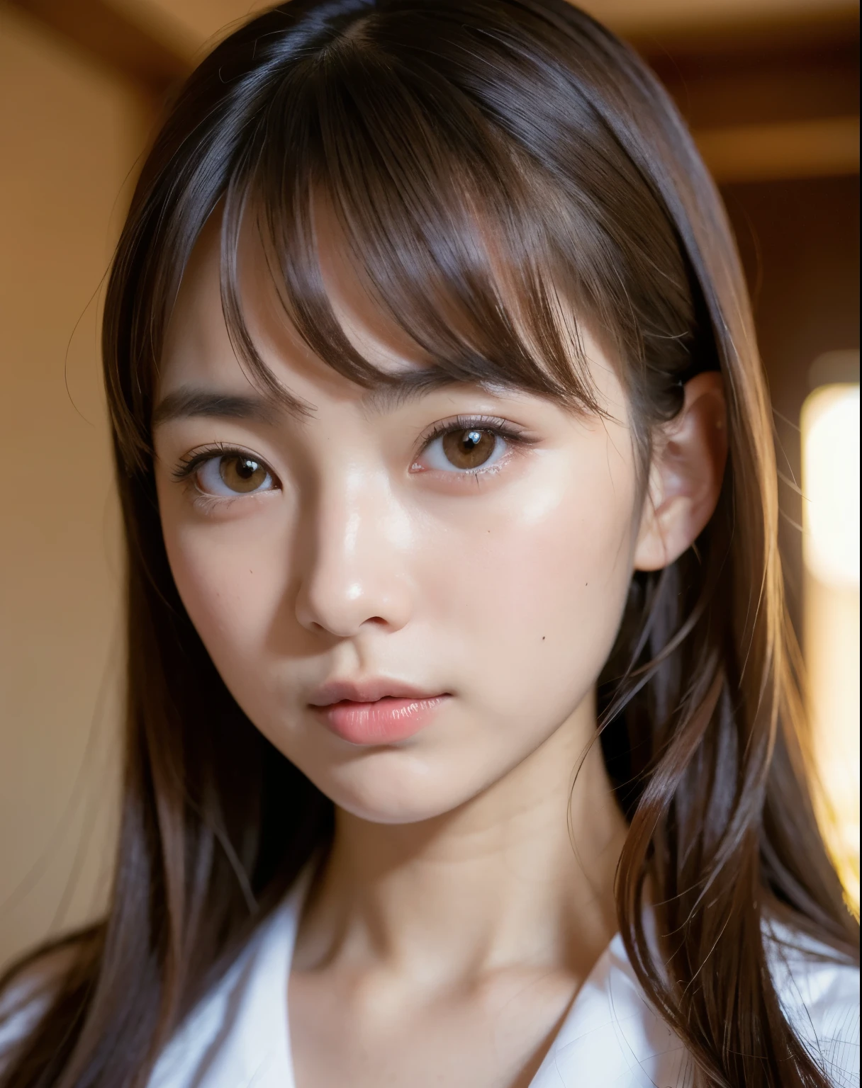 best quality, face focus, soft light, ultra high res, (photorealistic:1.4), RAW photo,
1japanese girl, solo, cute, (pupil, lights in the eyes),  detailed beautiful face, (small chest),(high resolution detail of human skin texture),
(long hair),
indoor,
Damask Shirt Dress,
(portrait)