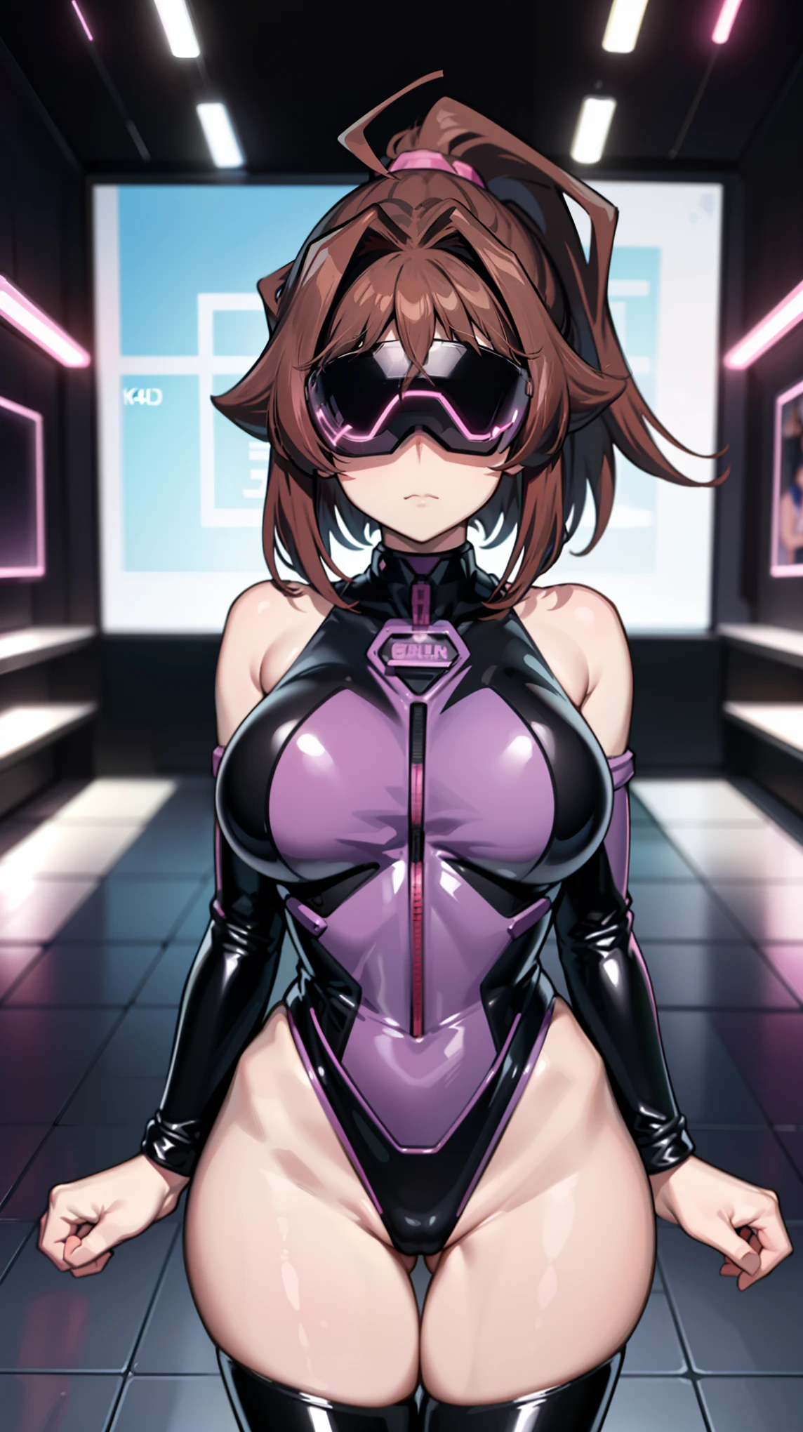 1 girl,NSFW,Helmet,(( brainwashing, visor)), wire, Kyoko Masaki,(Yu-Gi-Oh),AnzuDef,short hair, brown hair, hair ornament, high ponytail, ponytail,huge breasts, clavicle, Glowing purple eyes,absurd, brainwashing,empty eyes, ((No expression,erasure of emotions)), (black latex tight bodysuit),look away , 全身shape,(stand up, salute)(highest quality、4k、8K、High resolution、must have:1.2)、Super detailed、(reality、reality的なです、reality的な:1.37)、ticker、hyper hd、studio lighting、ultra definition paint、sharp focus、Physically based rendering、extreme details、Professional specifications、vibrancy and color、blurry、sports portrait、landscape、horror style、anime big breast、SF、photograph、concept artist、five fingers, perfect body, {{{masterpiece}}}, {{{highest quality}}}, {{Super detailed}}, {shape}, {{very delicate and beautiful}},Improved cost performance、all roles、Canon 5D MK4でphotograph、photograph,