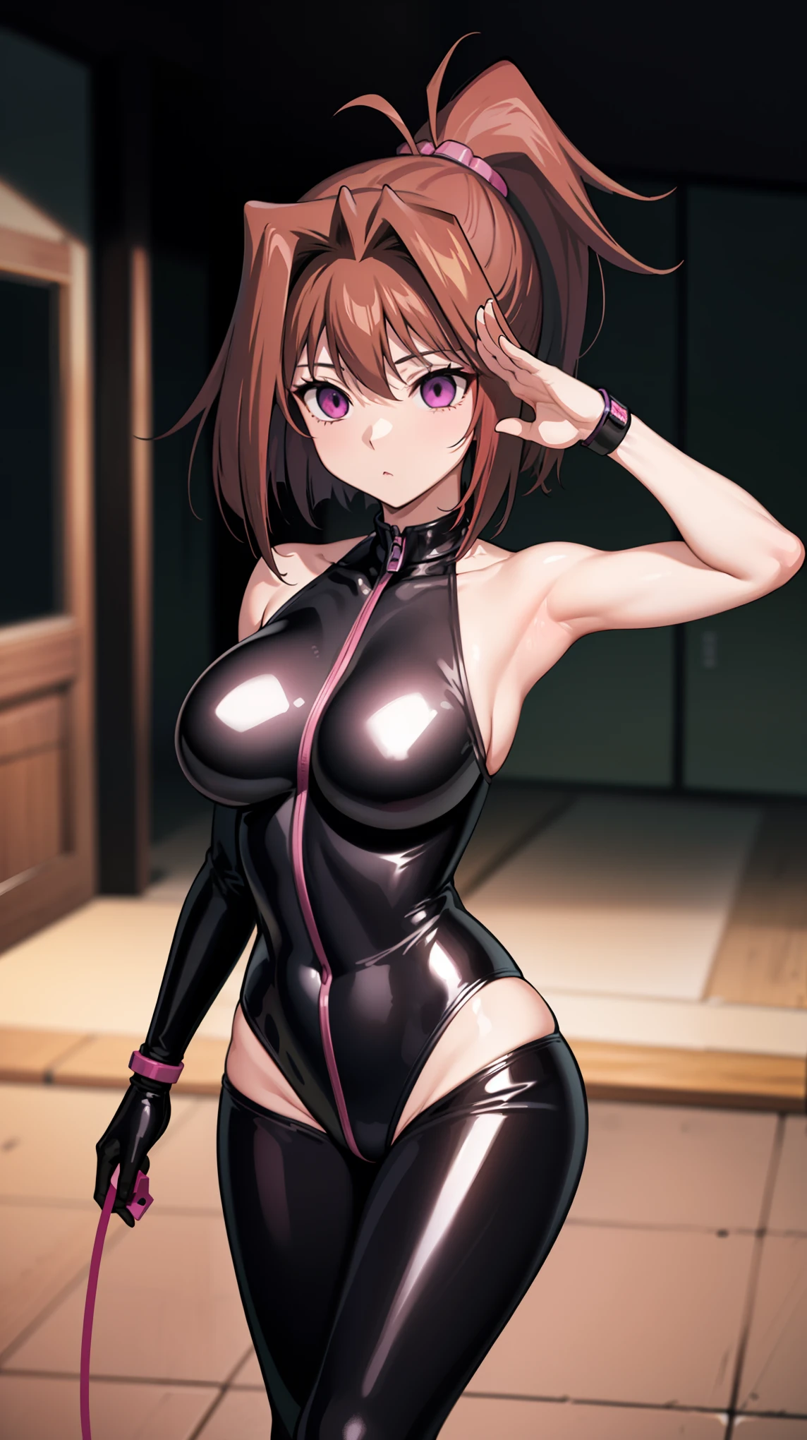 1 girl,NSFW, Kyoko Masaki,(Yu-Gi-Oh),AnzuDef,short hair, brown hair, hair ornament, high ponytail, ponytail,huge breasts, clavicle, Glowing purple eyes,absurd, brainwashing,empty eyes, ((No expression,erasure of emotions)), (black latex tight bodysuit),look away , 全身shape,((stand up, salute)), (highest quality、4k、8K、High resolution、must have:1.2)、Super detailed、(reality、reality的なです、reality的な:1.37)、ticker、hyper hd、studio lighting、ultra definition paint、sharp focus、Physically based rendering、extreme details、Professional specifications、vibrancy and color、blurry、sports portrait、landscape、horror style、anime big breast、SF、photograph、concept artist、five fingers, perfect body,  {{{masterpiece}}}, {{{highest quality}}}, {{Super detailed}}, {shape}, {{very delicate and beautiful}},Improved cost performance、all roles、Canon 5D MK4でphotograph、photograph, 