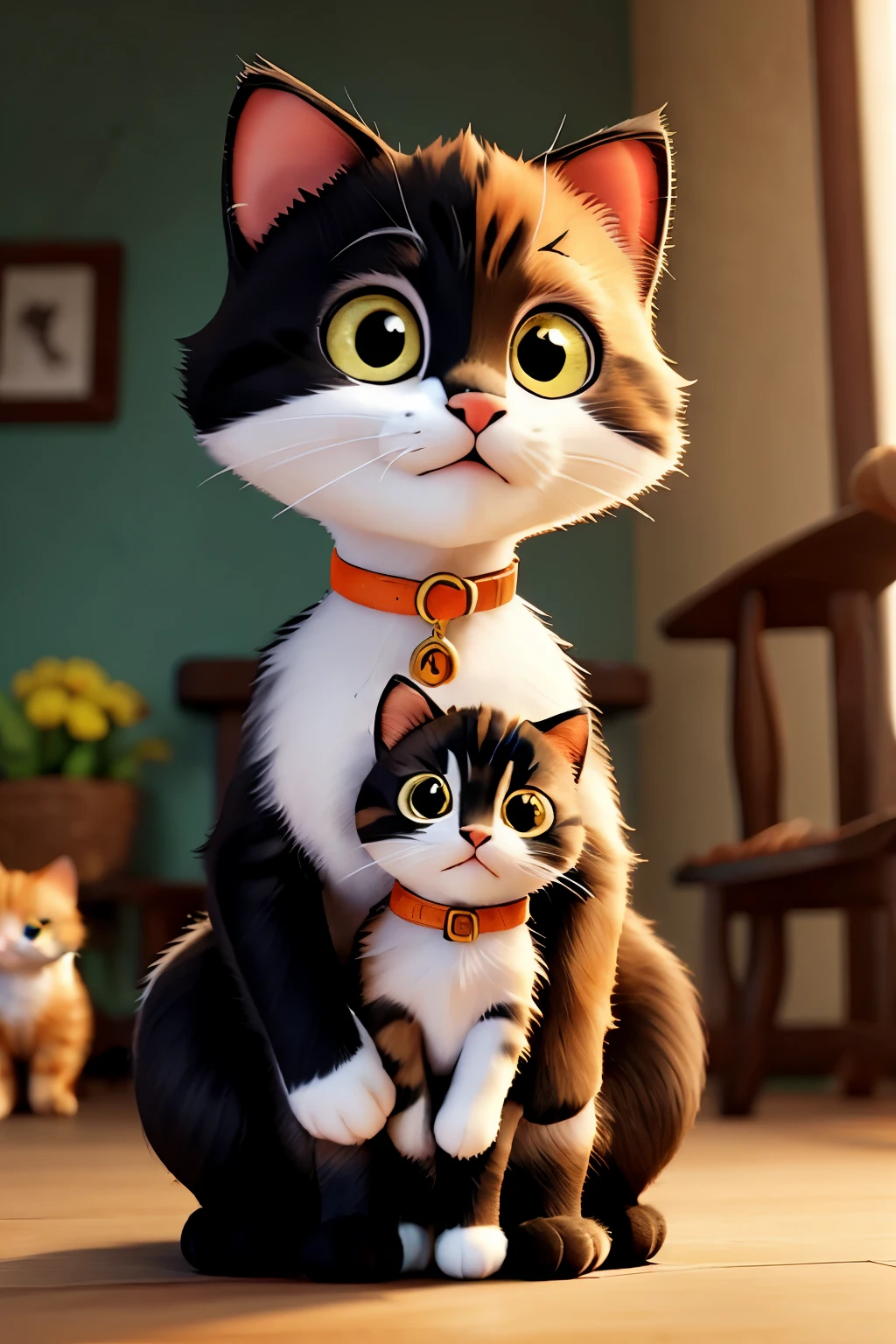 cute kitten with kittens, black mother cat, black and orange kittens