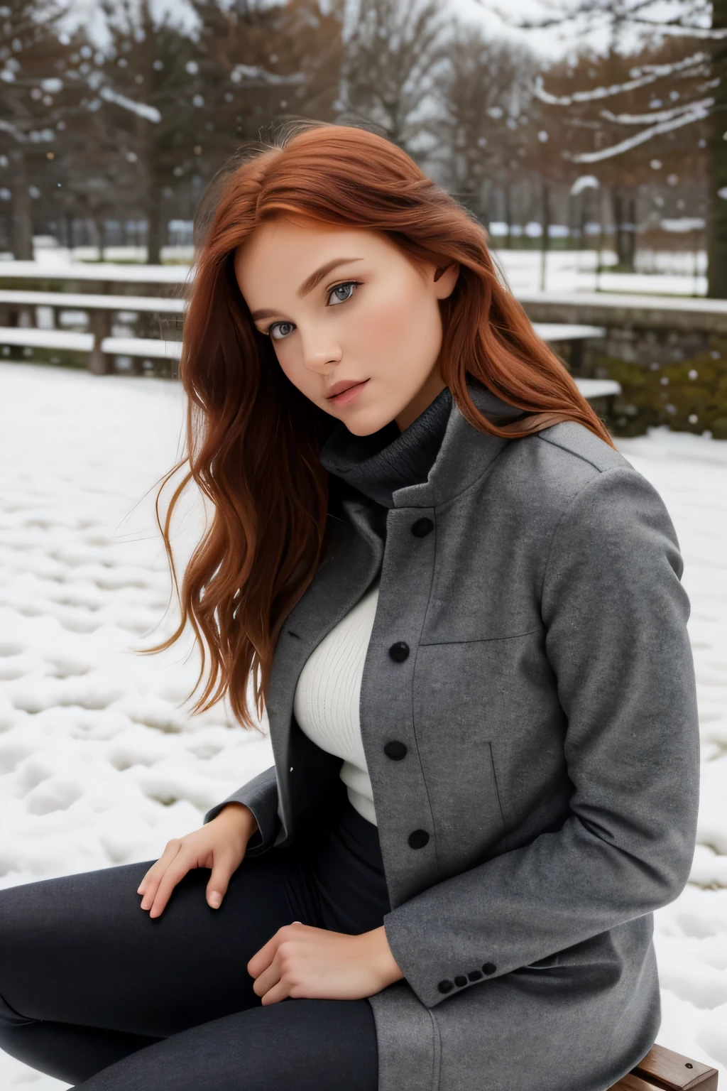1 fille dans, 19 ans, seulement, Aesthetic work, rousse irlandaise, wavy red hair, cheveux roux mi-longs, yeux gris, yeux gris clair, quelques petites taches de rousseur, pale skin, Une tasse, gros seins, E cup, giant tits,m naturels, bonnet e, corps des coureurs, (textured skin, pores de la peau:1.1), (taupes:0.8), peau imparfaite, chair de poule, dehors dans le parc de la ville, Chemin de pierre, Neige, end of year weather'automne, (Fond d'extremely detailed 8k screen), soft lighting, high quality, grain de film, Mise au point nette du Fujifilm XT3, f5.6, 50mm, high detail, sharpness,(natural light), (veste d'hiver noire: 1.3), pull-over, leggings, crazy details, intricate details, super detailed, porter leggings de sport bleu