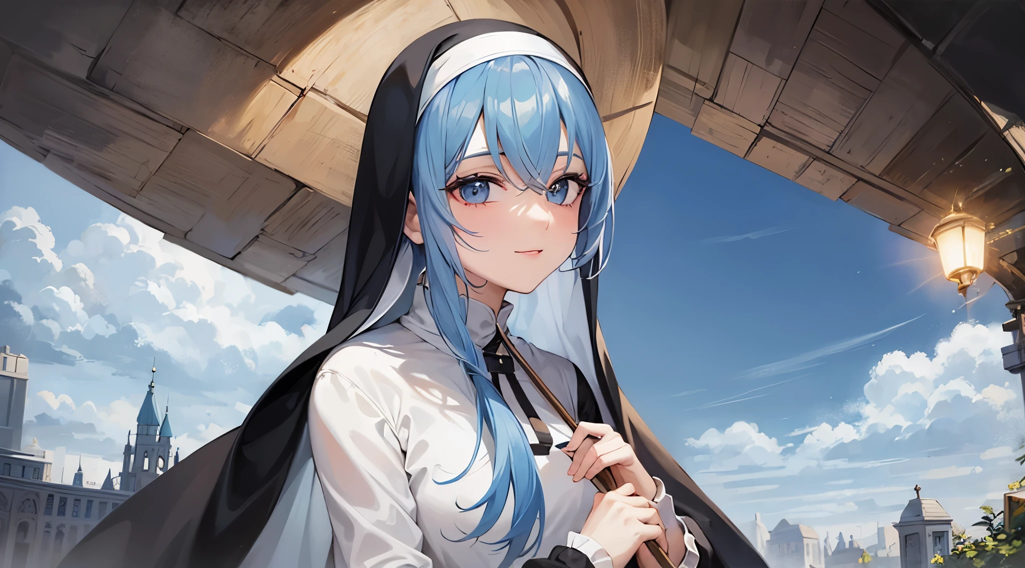 masterpiece, nun, innocent, smile, cute, topaz blue hair: 1.2