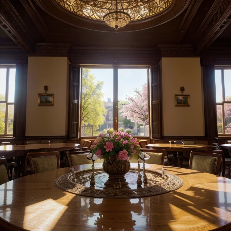 (best quality, ultra-detailed, intricate details, professional, official artwork, representative work), spring morning, cafeteria, sunlight, masterpiece, perfect composition, vivid colors, realistic lighting