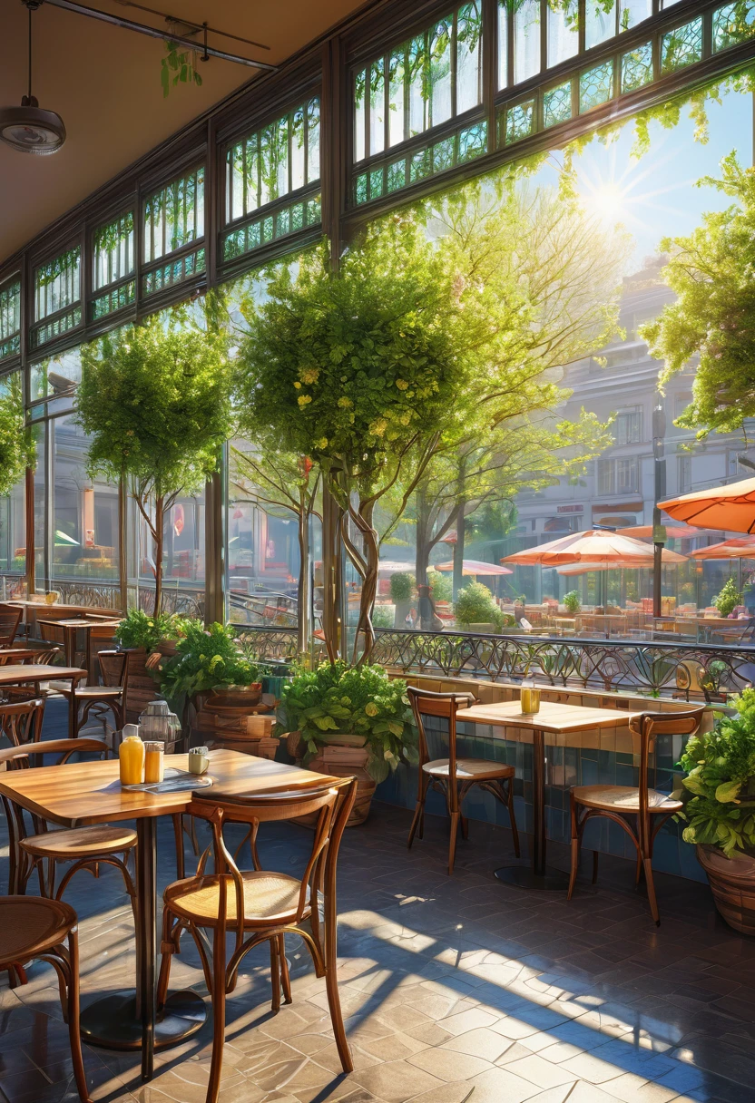 (best quality, ultra-detailed, intricate details, professional, official artwork, representative work), spring morning, cafeteria, sunlight, masterpiece, perfect composition, vivid colors, realistic lighting