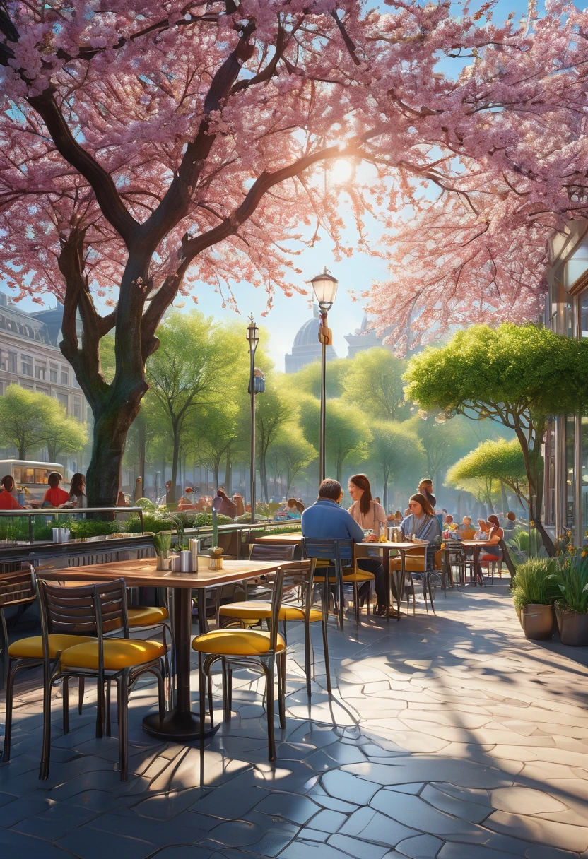 (best quality, ultra-detailed, intricate details, professional, official artwork, representative work), spring morning, cafeteria, sunlight, masterpiece, perfect composition, vivid colors, realistic lighting