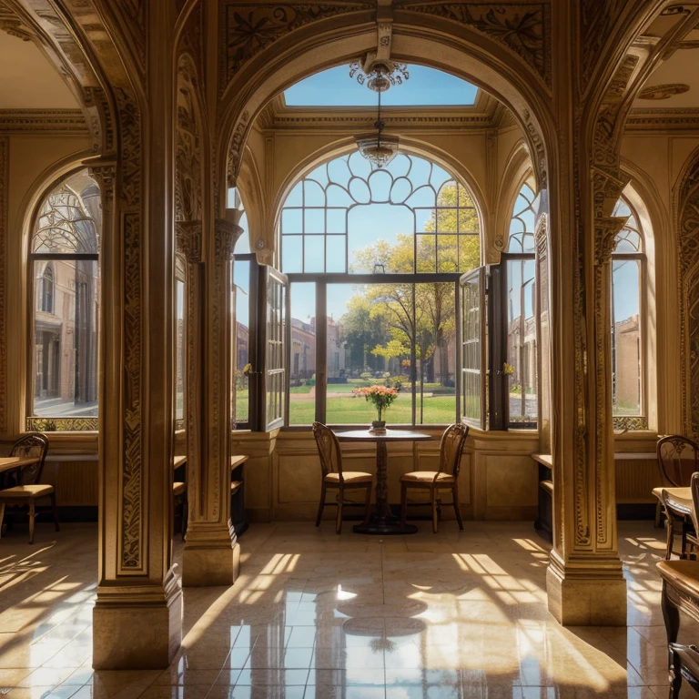 (best quality, ultra-detailed, intricate details, professional, official artwork, representative work), spring morning, cafeteria, sunlight, masterpiece, perfect composition, vivid colors, realistic lighting