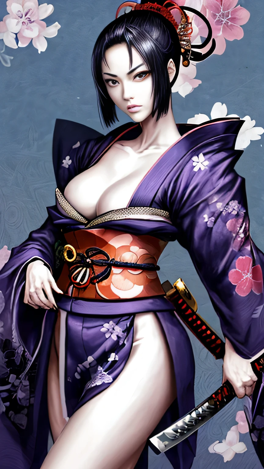 Mujer japonesa con katana, Samurai, tatuaje en el cuerpo, hermosa, rostro detallado, cuerpo completo, kimono sexy corto, ojos lindos