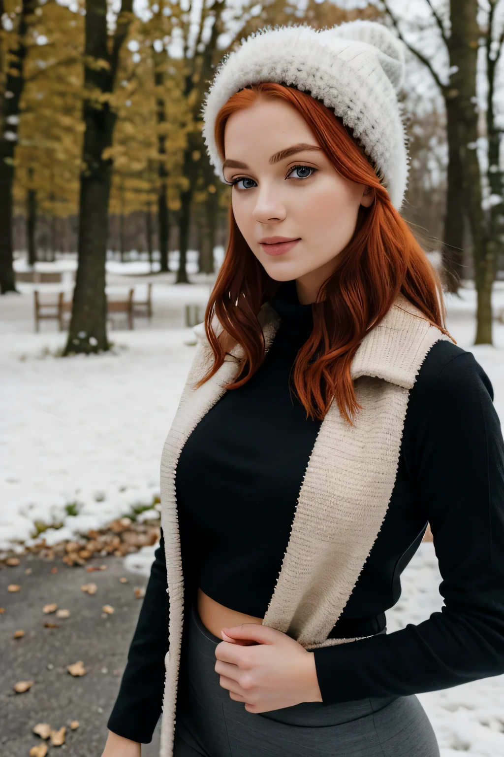 1 fille dans, 19 ans, seulement, Aesthetic work, rousse irlandaise, wavy red hair, cheveux roux mi-longs, yeux gris, yeux gris clair, quelques petites taches de rousseur, pale skin, Une tasse, gros seins, E cup, giant tits,m naturels, bonnet e, corps des coureurs, (textured skin, pores de la peau:1.1), (taupes:0.8), peau imparfaite, chair de poule, dehors dans le parc de la ville, Chemin de pierre, Neige, end of year weather&#39;automne, (Fond d&#39;extremely detailed 8k screen), soft lighting, high quality, grain de film, Mise au point nette du Fujifilm XT3, f5.6, 50mm, high detail, sharpness,(natural light), (veste d&#39;hiver noire: 1.3), pull-over, leggings, crazy details, intricate details, super detailed, porter leggings de sport bleu