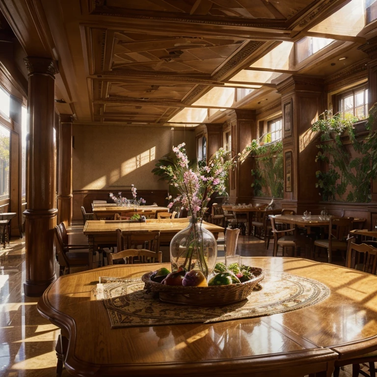 (best quality, ultra-detailed, intricate details, professional, official artwork, representative work), spring morning, cafeteria, sunlight, masterpiece, perfect composition, vivid colors, realistic lighting