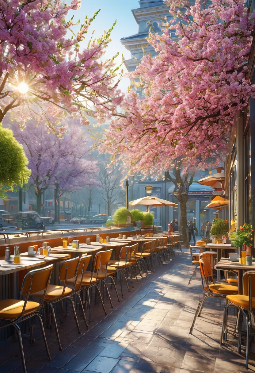(best quality, ultra-detailed, intricate details, professional, official artwork, representative work), spring morning, cafeteria, sunlight, masterpiece, perfect composition, vivid colors, realistic lighting