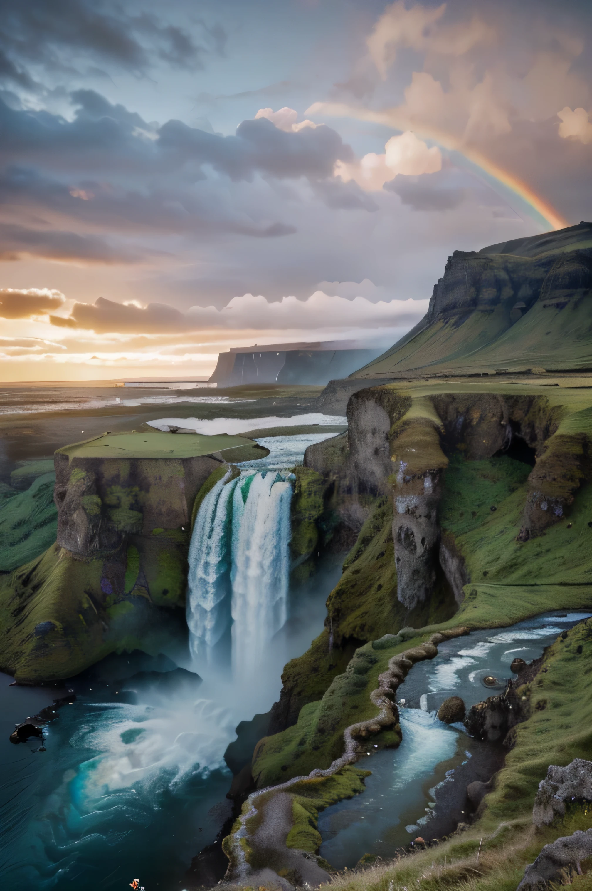 (a majestic waterfall, nature:1.1, Iceland, scenic, outdoor, powerful water, misty atmosphere), (vivid colors, vibrant green landscape, blue sky, crystal clear water), (best quality, highres), (long exposure, silky water effect), (impressive height, crashing water, thundering sound), (tourists, people exploring), (rainbow), (sunset, golden hour), (magnificent view), (overlooking, panoramic perspective)