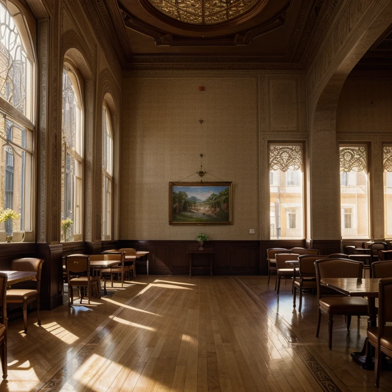 (best quality, ultra-detailed, intricate details, professional, official artwork, representative work), spring morning, cafeteria, sunlight, masterpiece, perfect composition, vivid colors, realistic lighting