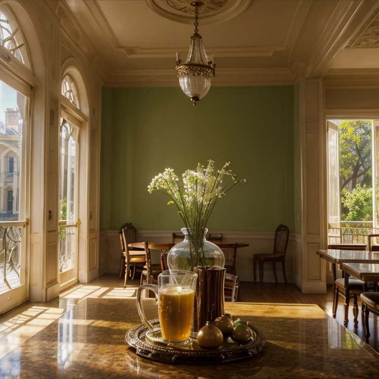 (best quality, ultra-detailed, intricate details, professional, official artwork, representative work), spring morning, cafeteria, sunlight, masterpiece, perfect composition, vivid colors, realistic lighting