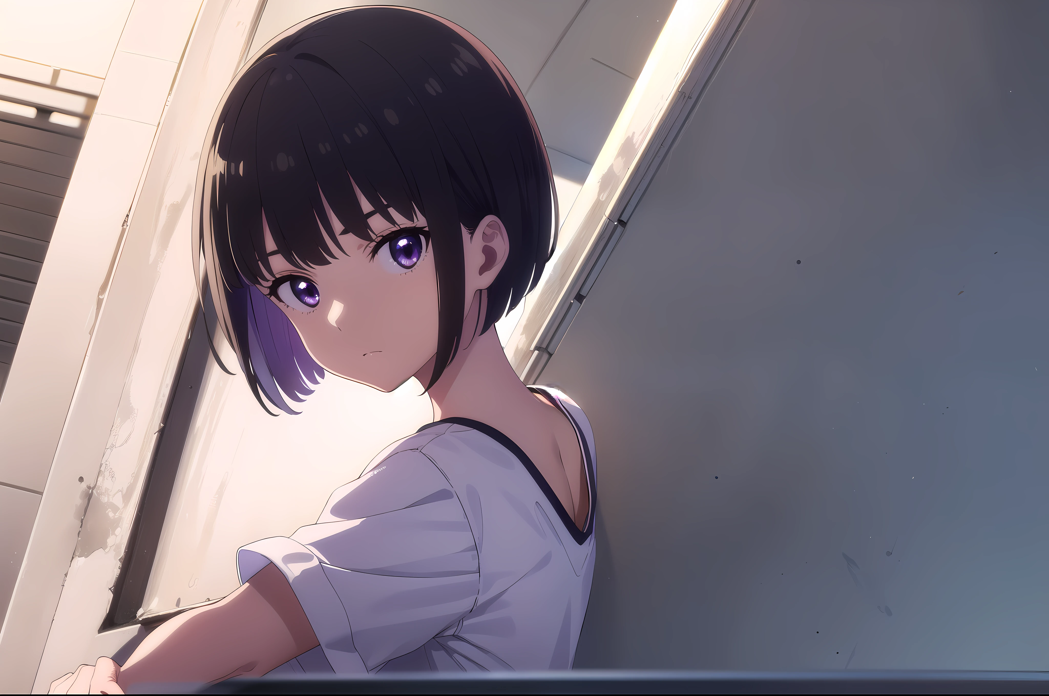 (((pixel-perfect, detail-perfect))), HDR, 4K, 1girl, solo, exposed back, looking at viewer, upper body, black hair, bobhair, short-hair, short bob hair, (((bobcut))), ((haircut:1.3)), undercut, bobbed hair, minibob, sidecut, buzz haircut, sidecut, side of head shaved, purple eyes, ((Shave his hair)), Short ear hair, graduation bob, straight short hair