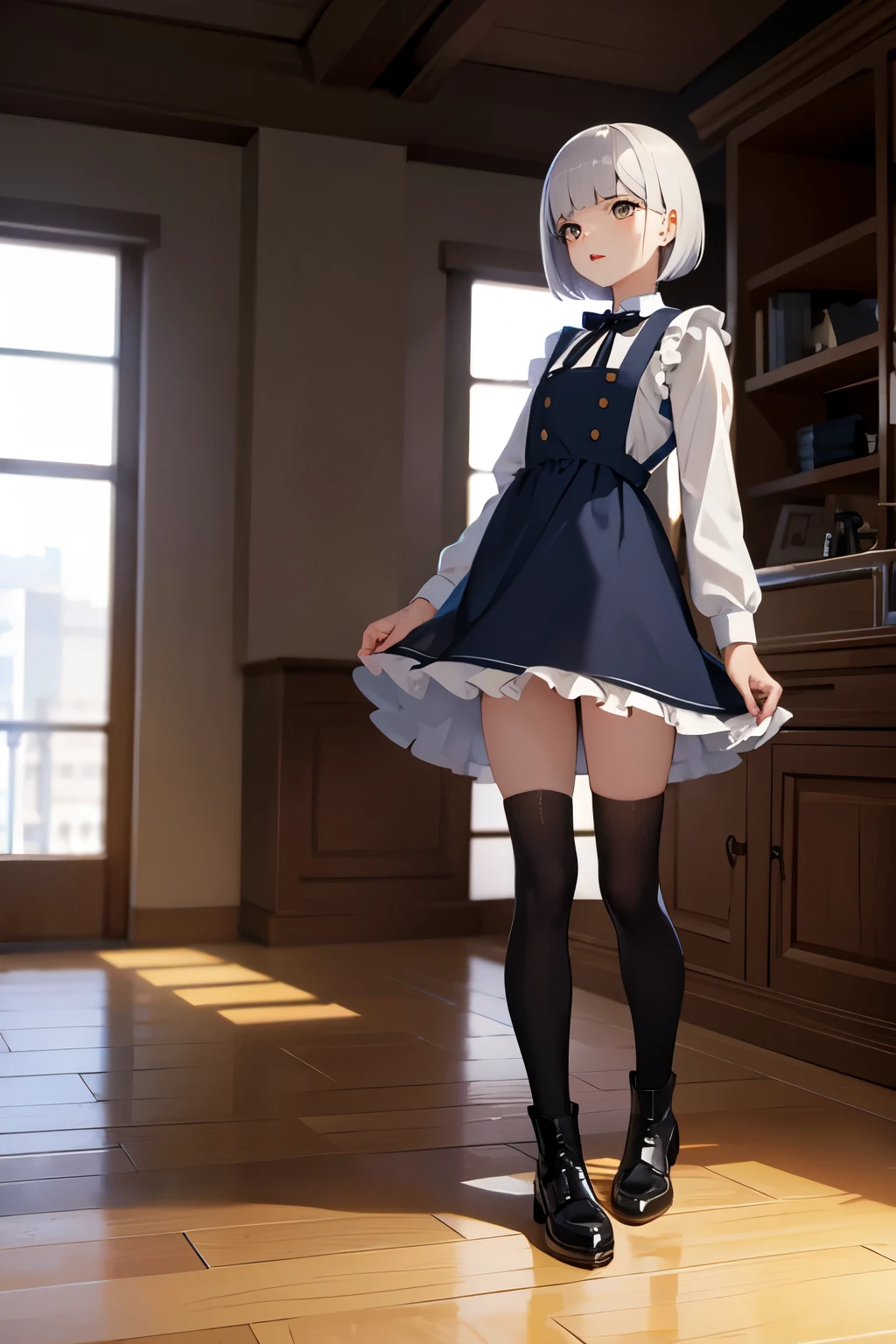 (masterpiece, best quality), 1girl, blue and white frill dress, (white stockings), cute face, standing, indoor, intricate detail, sunlight,