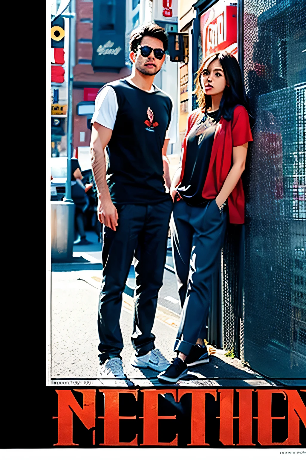 A movie poster poster on the right of men's casual T-shirt trousers