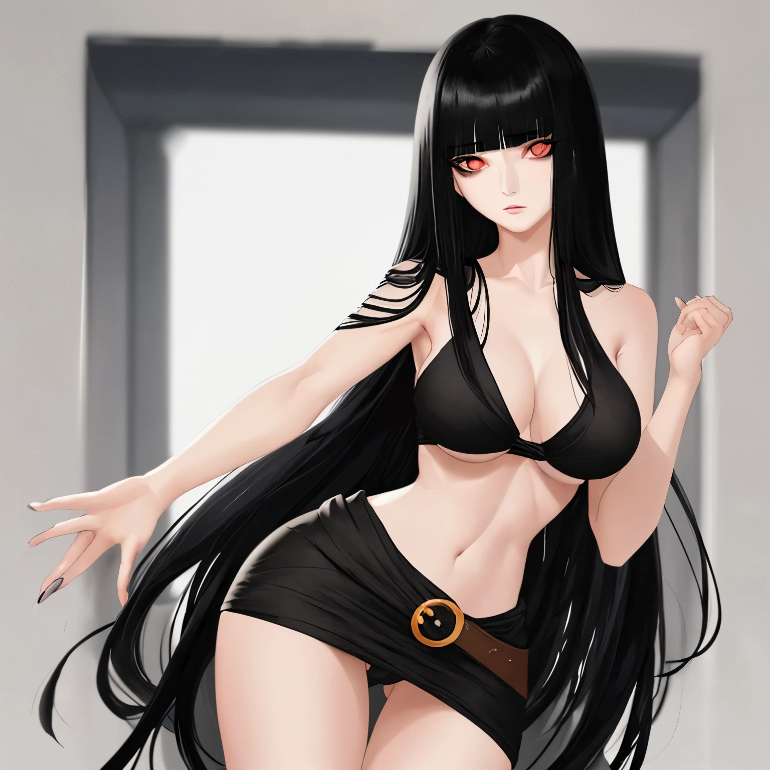 A woman with long black hair with bangs down to her waist, Olhos vermelhos, with a bad face and a beautiful body