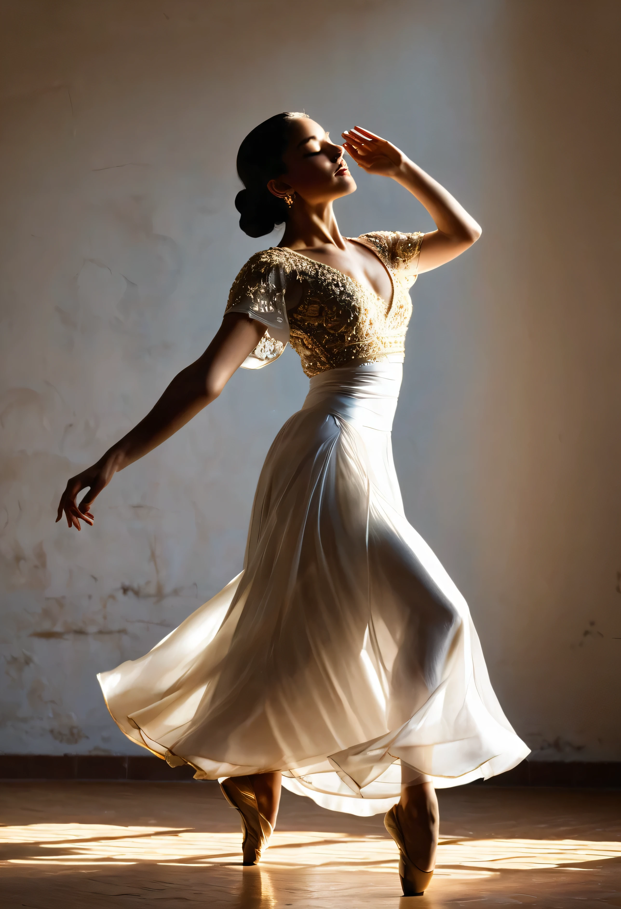 The image captures a moment of pure elegance and grace. O sujeito, uma jovem mulher, is in the middle of a dance, your body positioned in a dynamic pose that suggests movement and energy. She is adorned in a white dress, its golden details adding a touch of sophistication. O vestido, with your flowing skirt, It&#39;s a testament to the fluidity of your dance.

His arms are raised, mirroring the upward movement of your dance, and his eyes are closed, indicating a moment of intense concentration or perhaps a moment of pure joy. Sunlight coming in from the side casts a warm glow on her, highlighting your features and adding depth to the image.

O fundo contrasta fortemente com o assunto, com suas cores escuras e suaves, allowing the viewer&#39;s attention to remain focused on the woman and her dance. The overall composition of the image, with its careful balance of light and shadow, cor e contraste, creates a visually stunning scene that captures the essence of grace and beauty in motion.