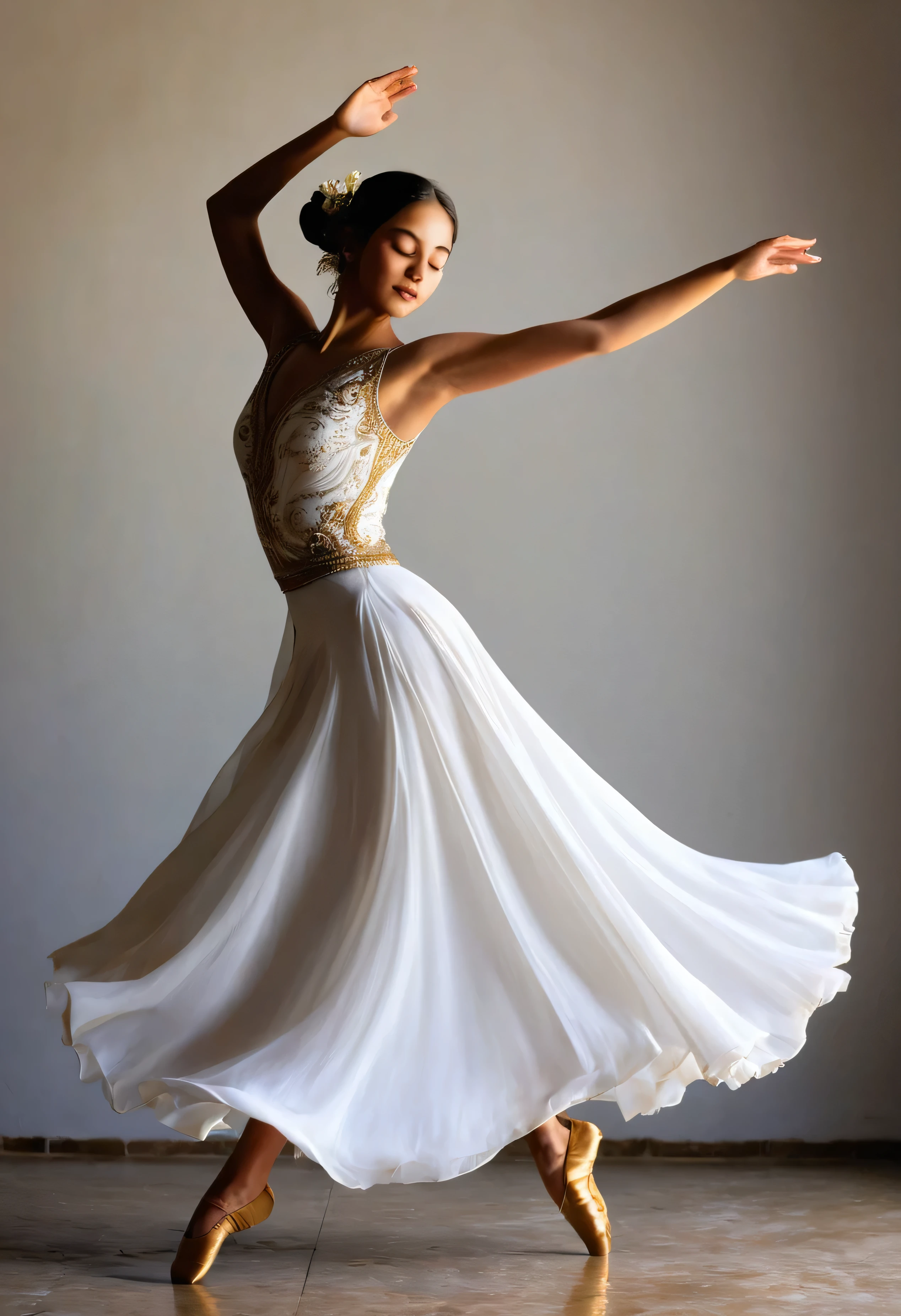 The image captures a moment of pure elegance and grace. O sujeito, uma jovem mulher, is in the middle of a dance, your body positioned in a dynamic pose that suggests movement and energy. She is adorned in a white dress, its golden details adding a touch of sophistication. O vestido, with your flowing skirt, It's a testament to the fluidity of your dance.
His arms are raised, mirroring the upward movement of your dance, and his eyes are closed, indicating a moment of intense concentration or perhaps a moment of pure joy. Sunlight coming in from the side casts a warm glow on her, highlighting your features and adding depth to the image.
O fundo contrasta fortemente com o assunto, com suas cores escuras e suaves, allowing the viewer's attention to remain focused on the woman and her dance. The overall composition of the image, with its careful balance of light and shadow, cor e contraste, creates a visually stunning scene that captures the essence of grace and beauty in motion.