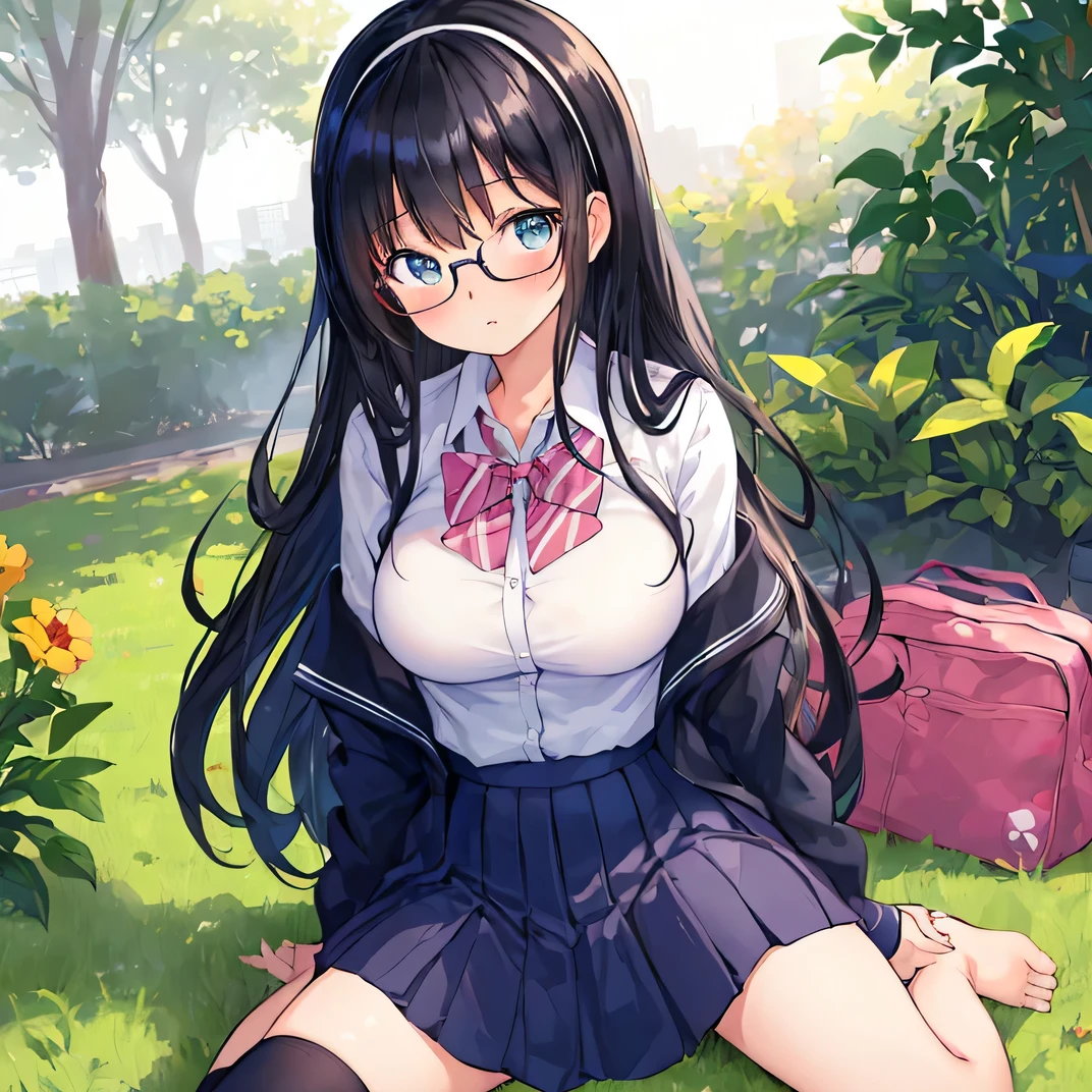 ((masterpiece)), ((best quality)), (ultra-detailed), ((kawaii)), cute, (lovely), illustration, anime style, full body, full body focus, a cute girl, 1girl, solo, blazer uniform, gymnasium, sitting, (beautiful eyes), beautiful black hair, long hair, slim, slender, medium breast, glasses, horseshoe-shaped hairband, Graduation ceremony, A lot of students sitting in the background.