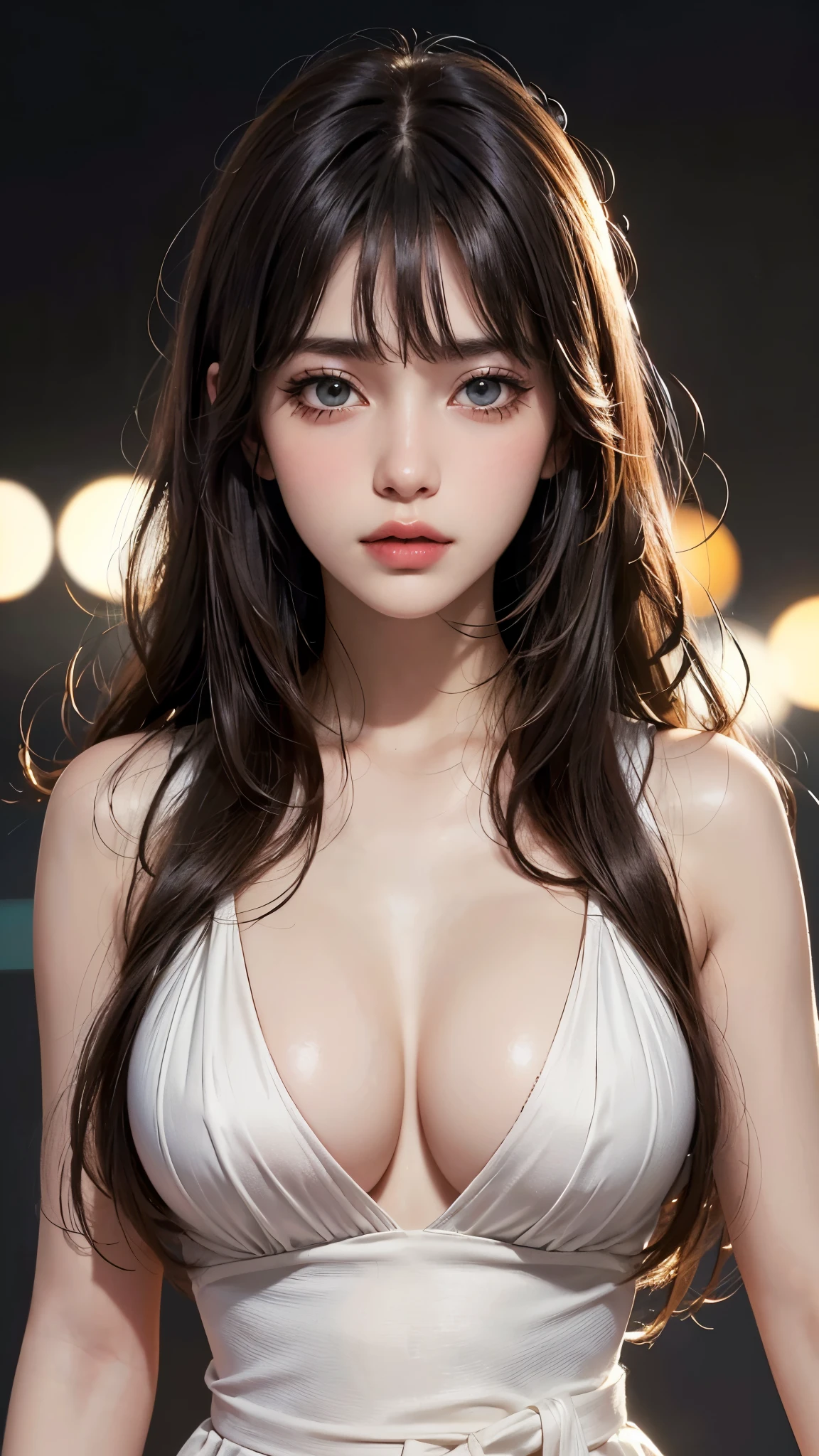 (UHD, retina, masterpiece, accurate, anatomically_correct, textured_skin, super_detail, high_details, high_quality, best_quality, high_res, 1080P, HD, 4K, 8k, 16k), (beautiful_detailed_eyes, beautiful_detailed_lips, extremely_detailed_eyes_and_face), soft_lighting, physically-based_rendering, vivid_colors, (large_breasts, glamorous_body:1.5), (shiny_hair, shiny_skin, tanned_skin, blush), (bangs:1.5), eye_reflection, (bokeh, simple_background), (dress, slit:1.5), nipple,