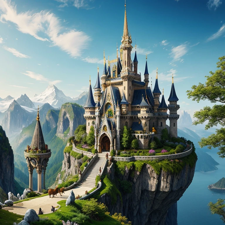 A magnificent fantasy landscape with enchanting architecture and wonderful creatures