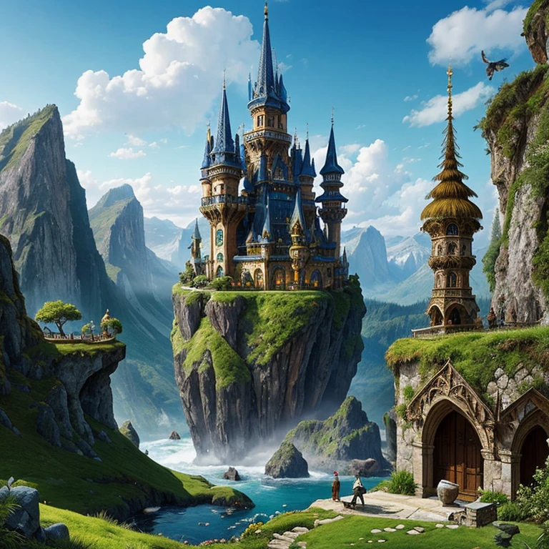 A magnificent fantasy landscape with enchanting architecture and wonderful creatures
