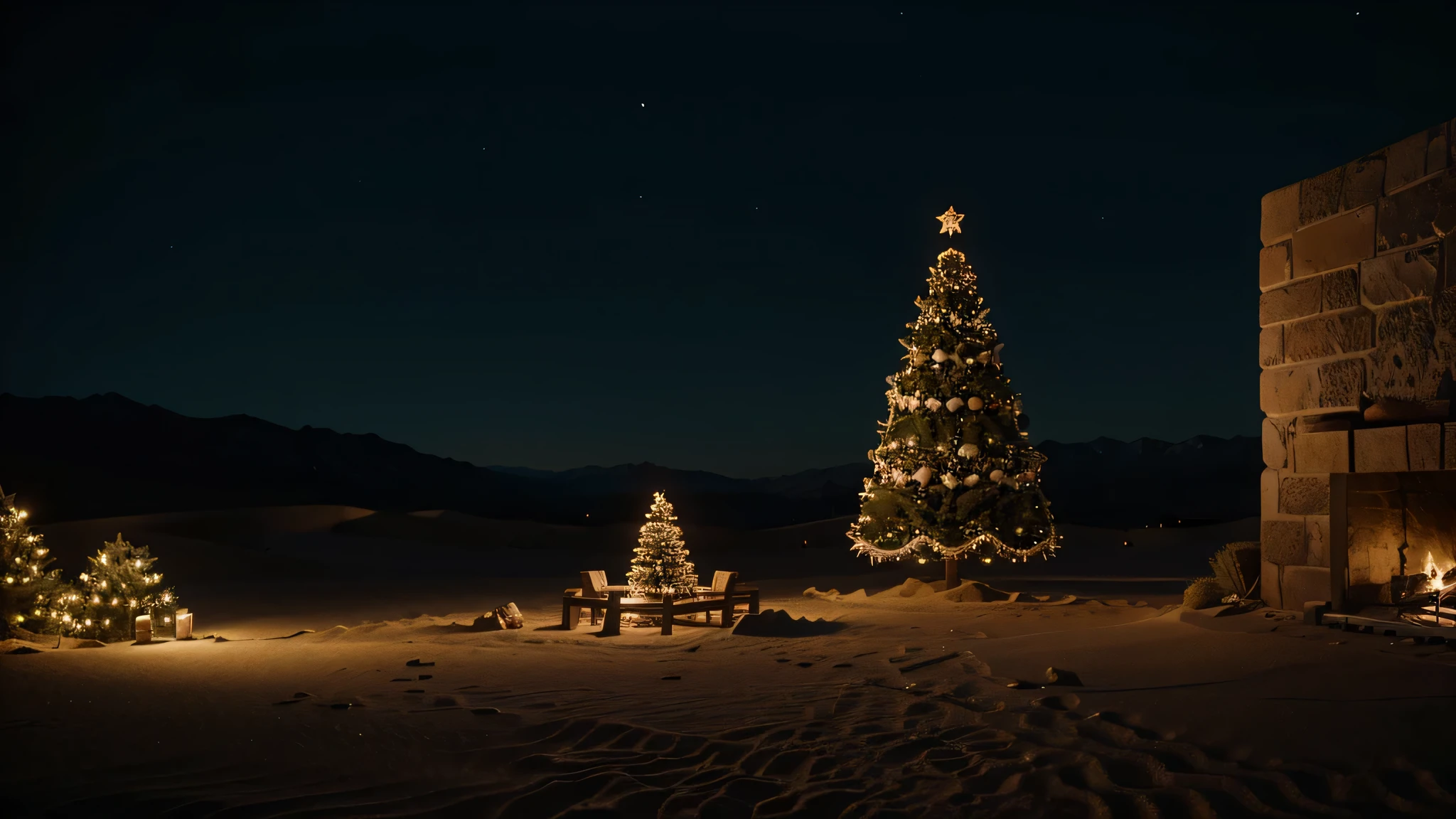 Christmas tree near a manger in the middle of a night desert. cinematic, 8k, realistic.
