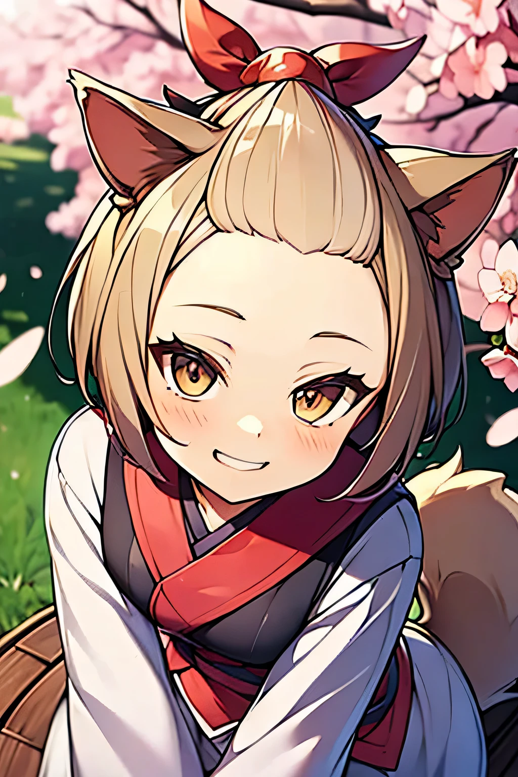 masterpiece, super detail, best quality, pretty girl, ashblossom, smug face, forehead, animal ears, animal tail, (slender), white kimono, background in cherry blossom, from above