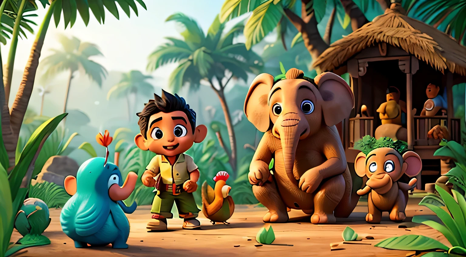 Emphasize the fun and mischief Raju experiences with elephant, bird, and monkey friends in the jungle.