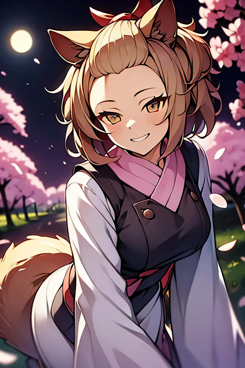 masterpiece, super detail, best quality, beautiful lady, ashblossom, smug face, forehead, animal ears, animal tail, white kimono, background in cherry blossom, night, moonlight, dutch angle