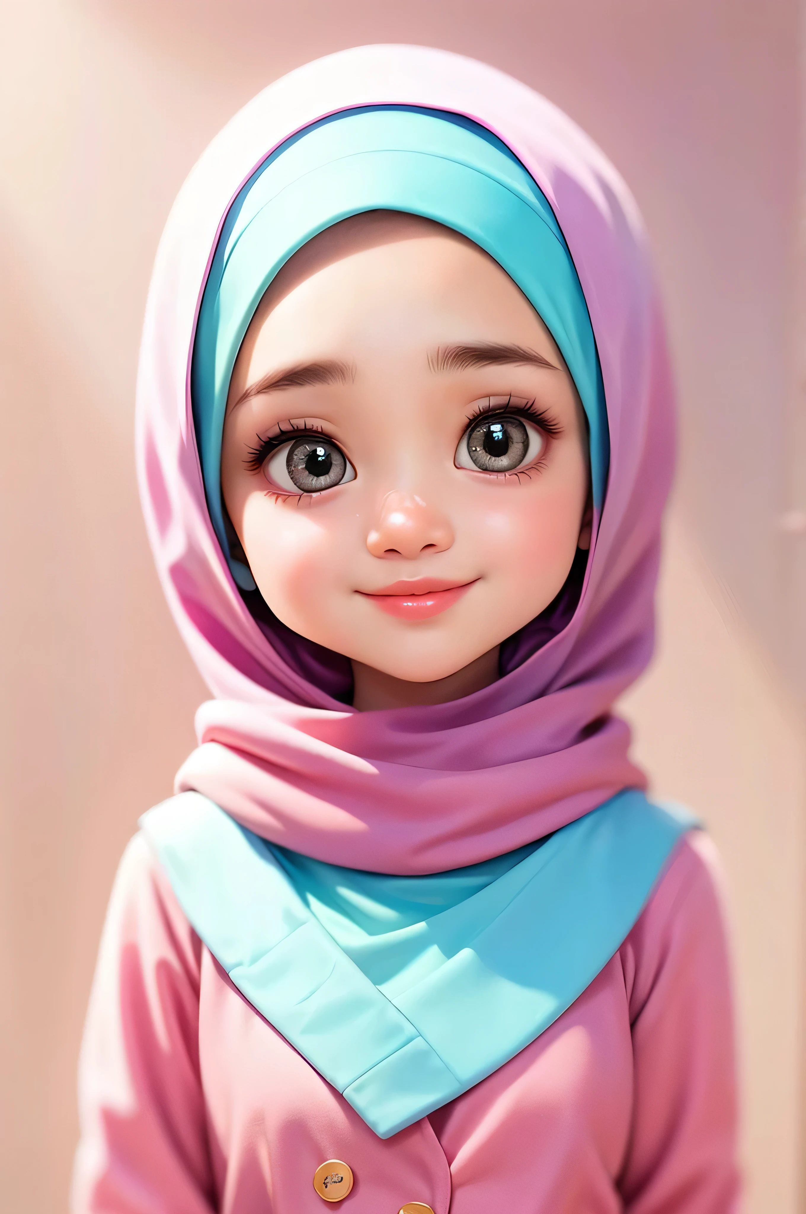 super cute girl IP by popmart,natural light,Adorable,Youthful,Animated, pixar style, pink dress and hijab, hijab style, muslim, pink background, smile, look in camera, closed lips, portrait, upper body,  away from the camera