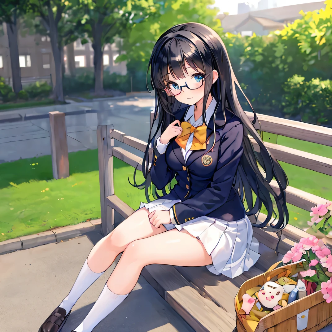 ((masterpiece)), ((best quality)), (ultra-detailed), ((kawaii)), cute, (lovely), illustration, anime style, full body, full body focus, a cute girl, 1girl, solo, blazer uniform, gymnasium, Graduation ceremony, sitting, (beautiful eyes), beautiful black hair, long hair, slim, slender, medium breast, glasses, horseshoe-shaped hairband, A lot of students sitting in the background.