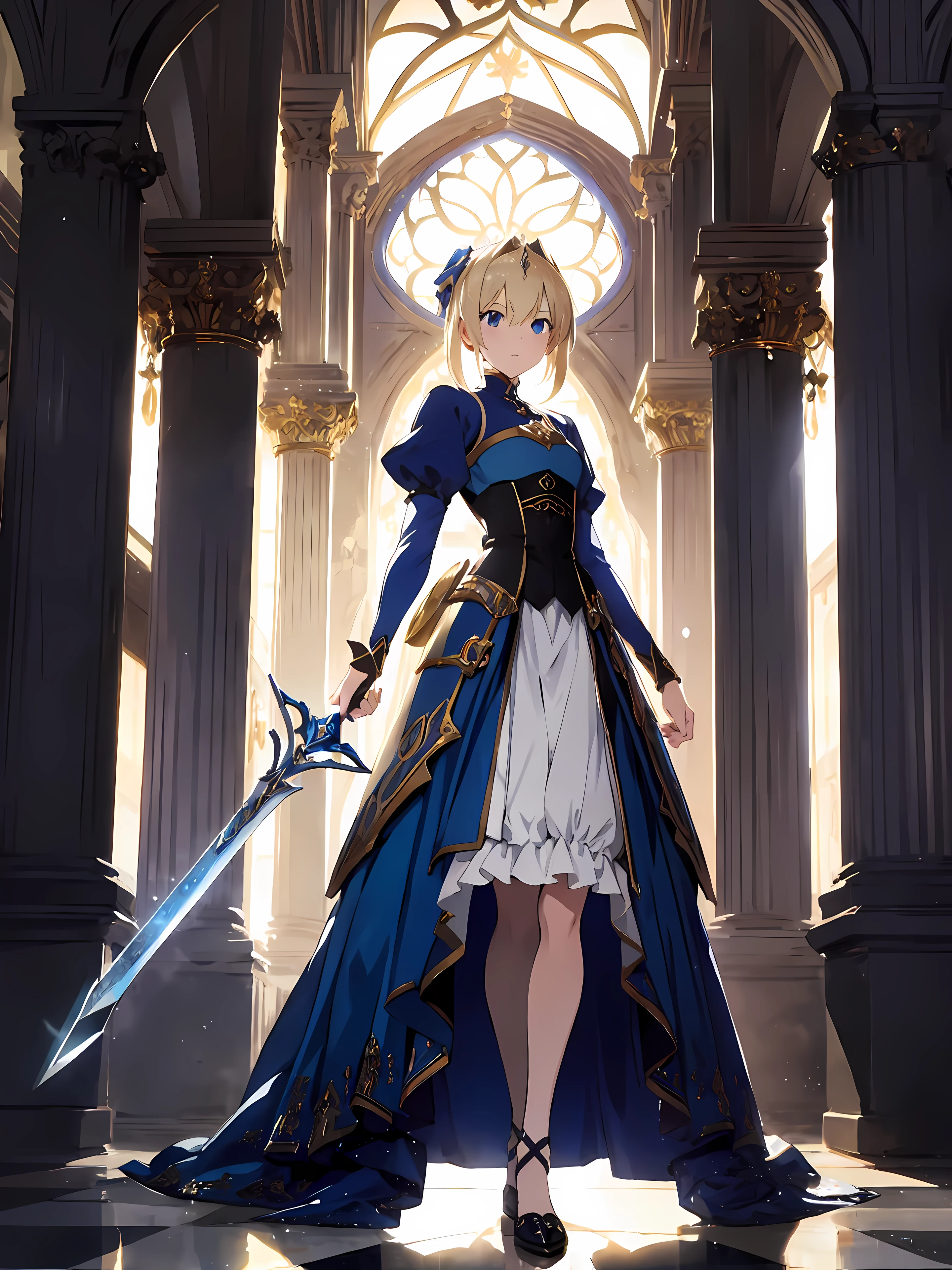 Masterpiece in maximum 8K resolution, anime style inspired by artist Takashi Takeuchi. | A beautiful -yeld gi , with white skin, slender and defined physique, short golden hair, blue eyes, an elegant, innocent, and determined face, dressed in a Victorian blue dress with golden lines under an armor with iron plates, is standing in a medieval British palace. With a confident and determined expression, she wields the holy sword Excalibur with both hand, ready to face any challenge. | The setting includes marble columns, tapestries, antique furniture, and works of art in the foreground, with lush gardens, fountains, and statues in the midground. | Three-dimensional composition with a medium angle of view, emphasizing the beauty and majesty of the palace around. | With cinematic lighting and elements such as gloss, soft lighting, smoothness, and particles that add dynamism. | Scene of a young Artoria Pendragon wielding the holy sword Excalibur in a medieval British palace. | ((((full-body\_image)))), (perfect pose, perfect anatomy, perfect body), (better hands, perfect fingers, perfect legs, perfect hands), (perfect composition, perfect design, perfect layout, correct imperfections), Add more detail, More Detail, Enhance.