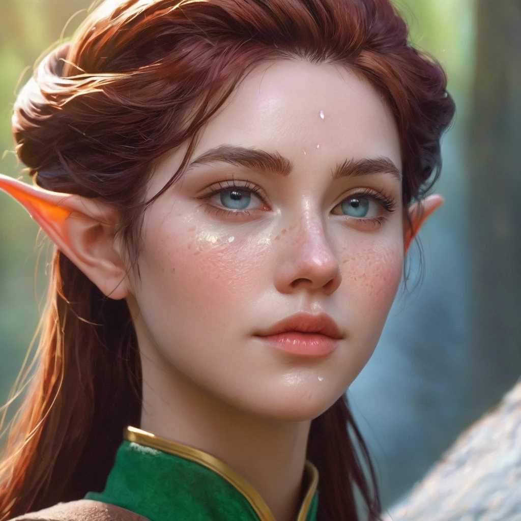 Dungeons & Dragons, aesthetic, dungeons and dragons, elf cleric character closeup portrait, dramatic light, dungeon background, 2 0 0 mm focal length, painted by stanley lau, painted by greg rutkowski, painted by stanley artgerm, high detail, real life skin, freckles, 8 k, stunning detail, works by artgerm, greg rutkowski and alphonse mucha, unreal engine